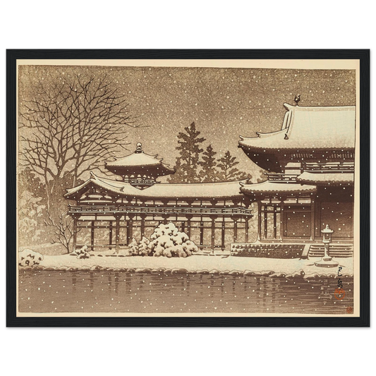 Hoodo no bosetsu (Evening snow at Phoenix Hall) (1951) Art Print | Kawase Hasui - Framed Poster - 30x40 cm / 12x16″ - Black frame