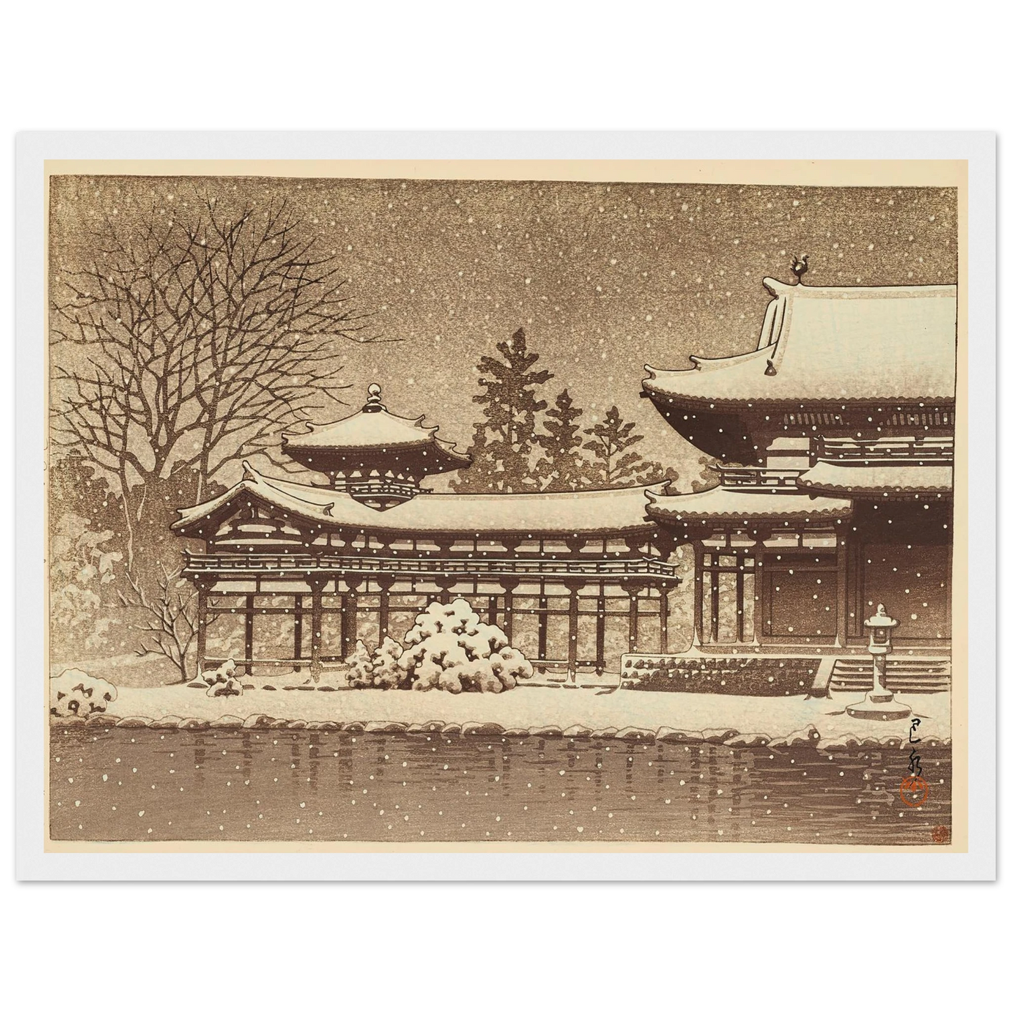 Hoodo no bosetsu (Evening snow at Phoenix Hall) (1951) Art Print | Kawase Hasui - Framed Poster - 30x40 cm / 12x16″ - Black frame