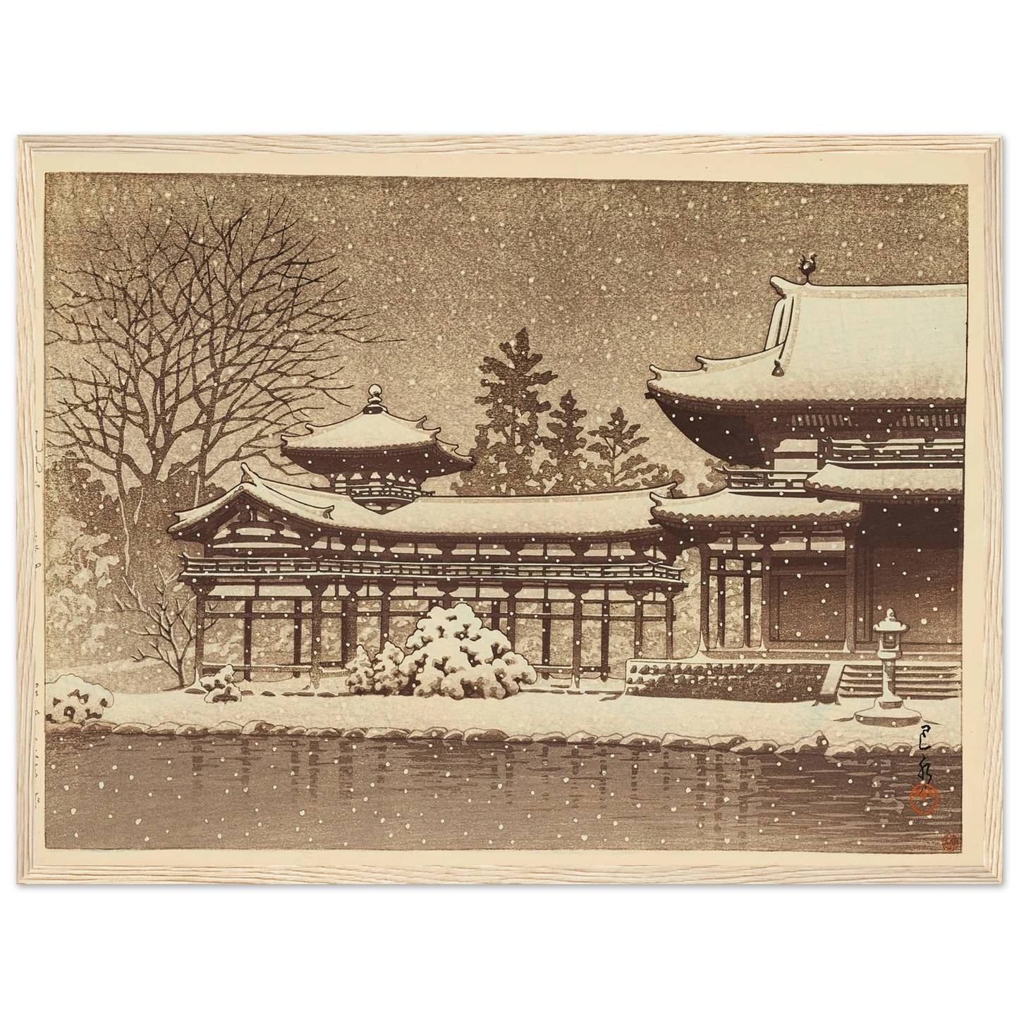 Hoodo no bosetsu (Evening snow at Phoenix Hall) (1951) Art Print | Kawase Hasui - Framed Poster - 30x40 cm / 12x16″ - Black frame