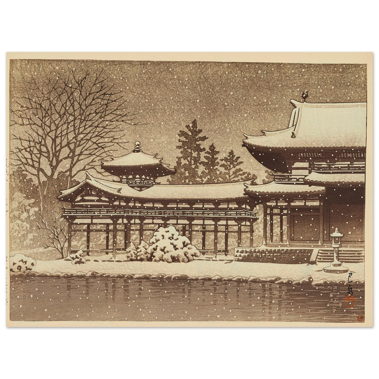 Hoodo no bosetsu (Evening snow at Phoenix Hall) (1951) Art Print | Kawase Hasui - Framed Poster - 30x40 cm / 12x16″ - Black frame