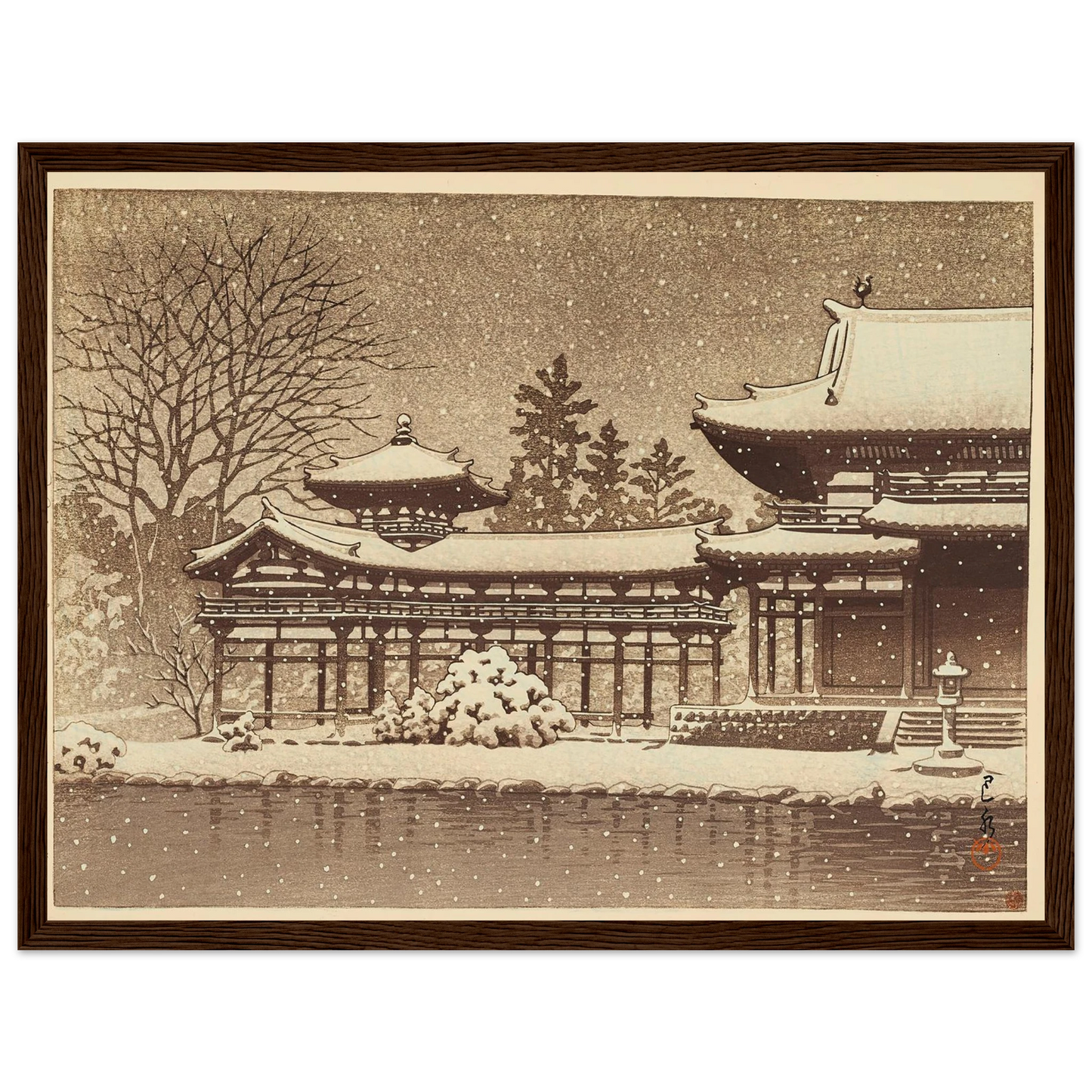 Hoodo no bosetsu (Evening snow at Phoenix Hall) (1951) Art Print | Kawase Hasui - Framed Poster - 30x40 cm / 12x16″ - Black frame