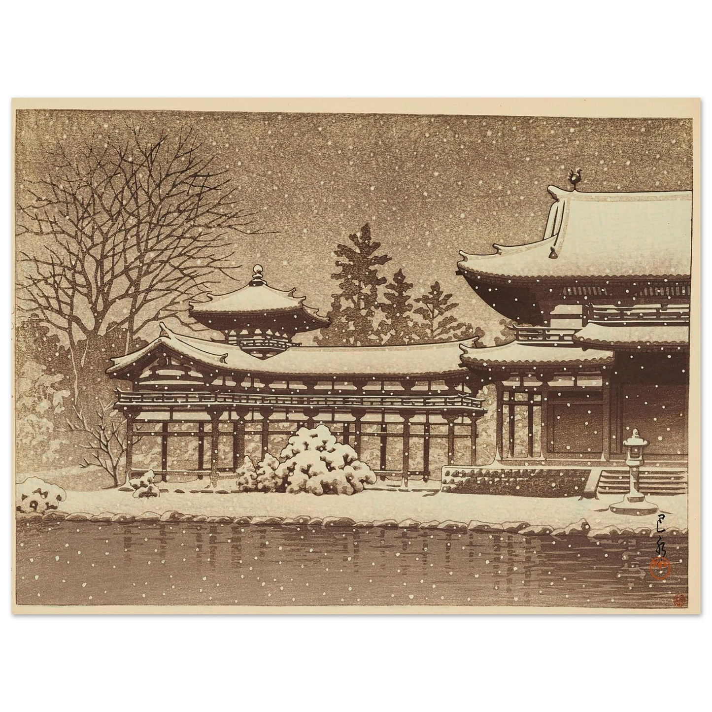 Hoodo no bosetsu (Evening snow at Phoenix Hall) (1951) Art Print | Kawase Hasui - Framed Poster - 30x40 cm / 12x16″ - Black frame