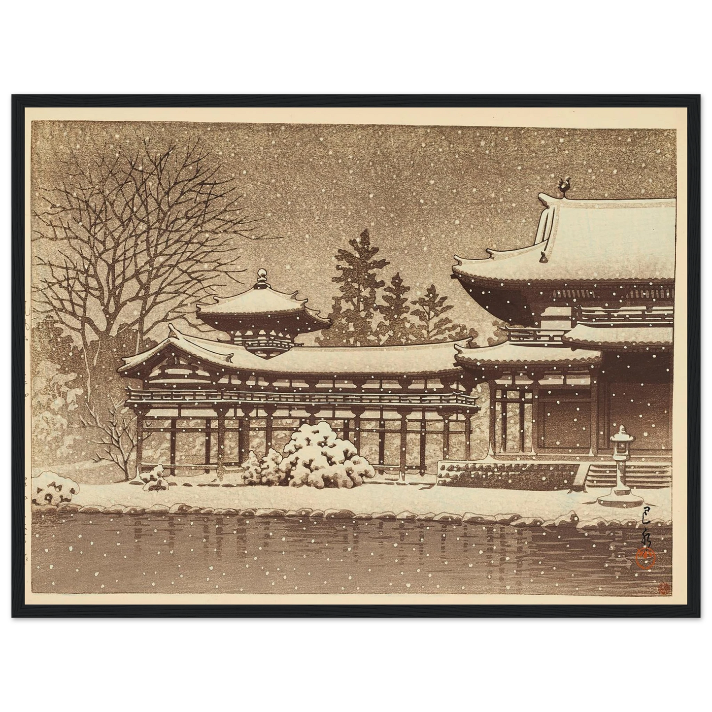 Hoodo no bosetsu (Evening snow at Phoenix Hall) (1951) Art Print | Kawase Hasui - Framed Poster - 30x40 cm / 12x16″ - Black frame