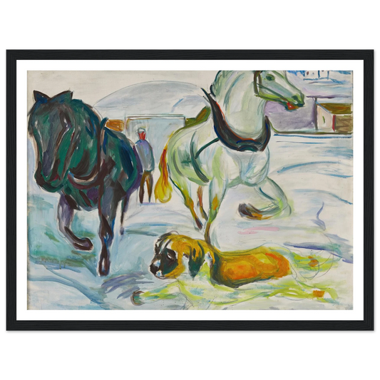 Horse Team and a St. Bernhard in the Snow (1923) Art Print | Edvard Munch - Framed Poster - 30x40 cm / 12x16″ - Black frame
