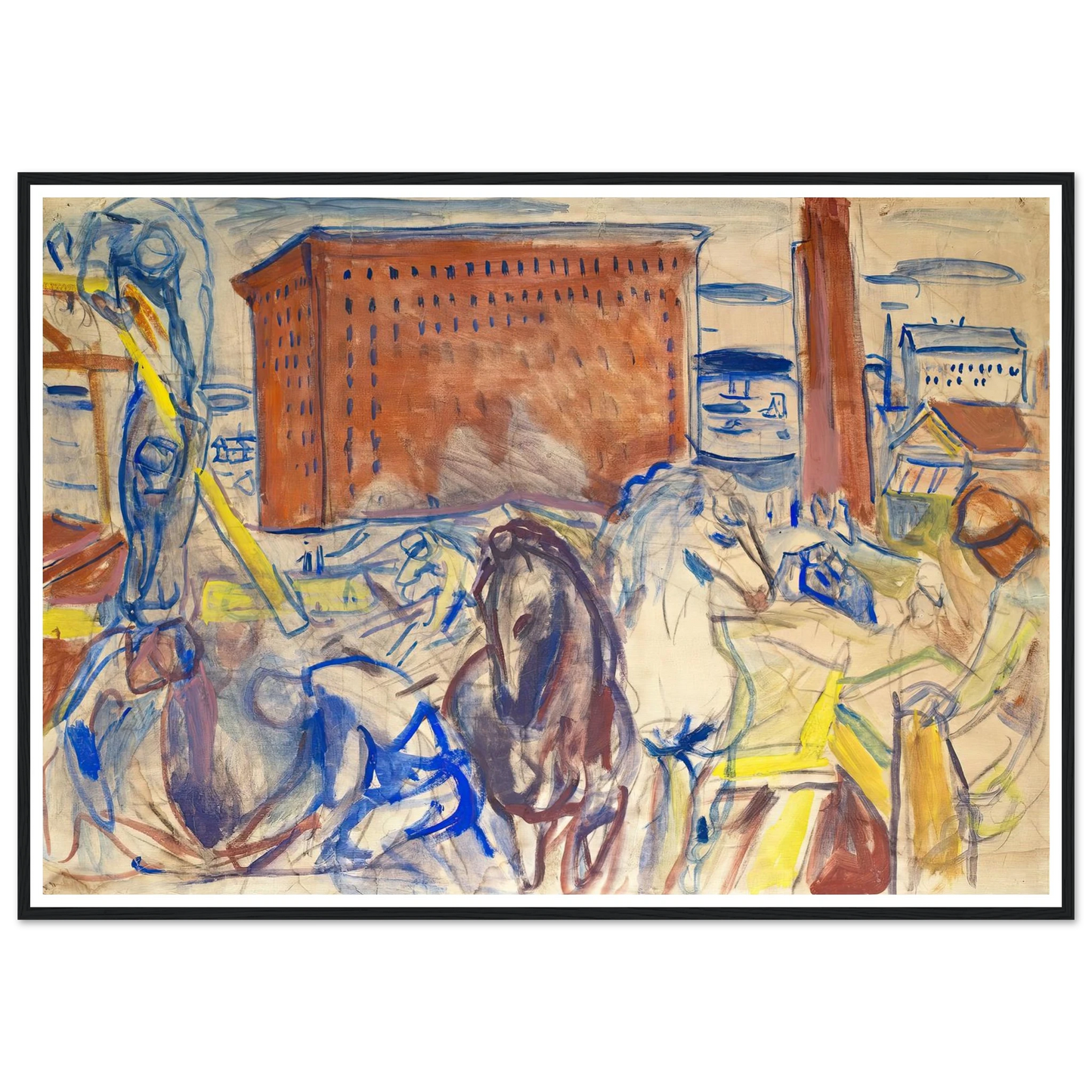 Horse Team on a Building Site (1928–1929) Art Print | Edvard Munch - Framed Poster - 30x40 cm / 12x16″ - Black frame