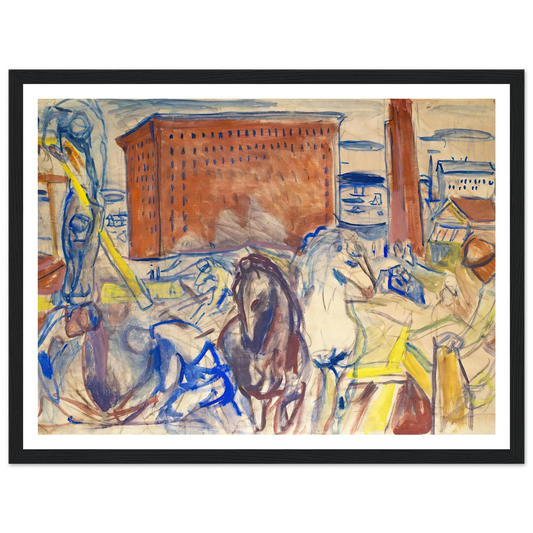 Horse Team on a Building Site (1928–1929) Art Print | Edvard Munch - Framed Poster - 30x40 cm / 12x16″ - Black frame