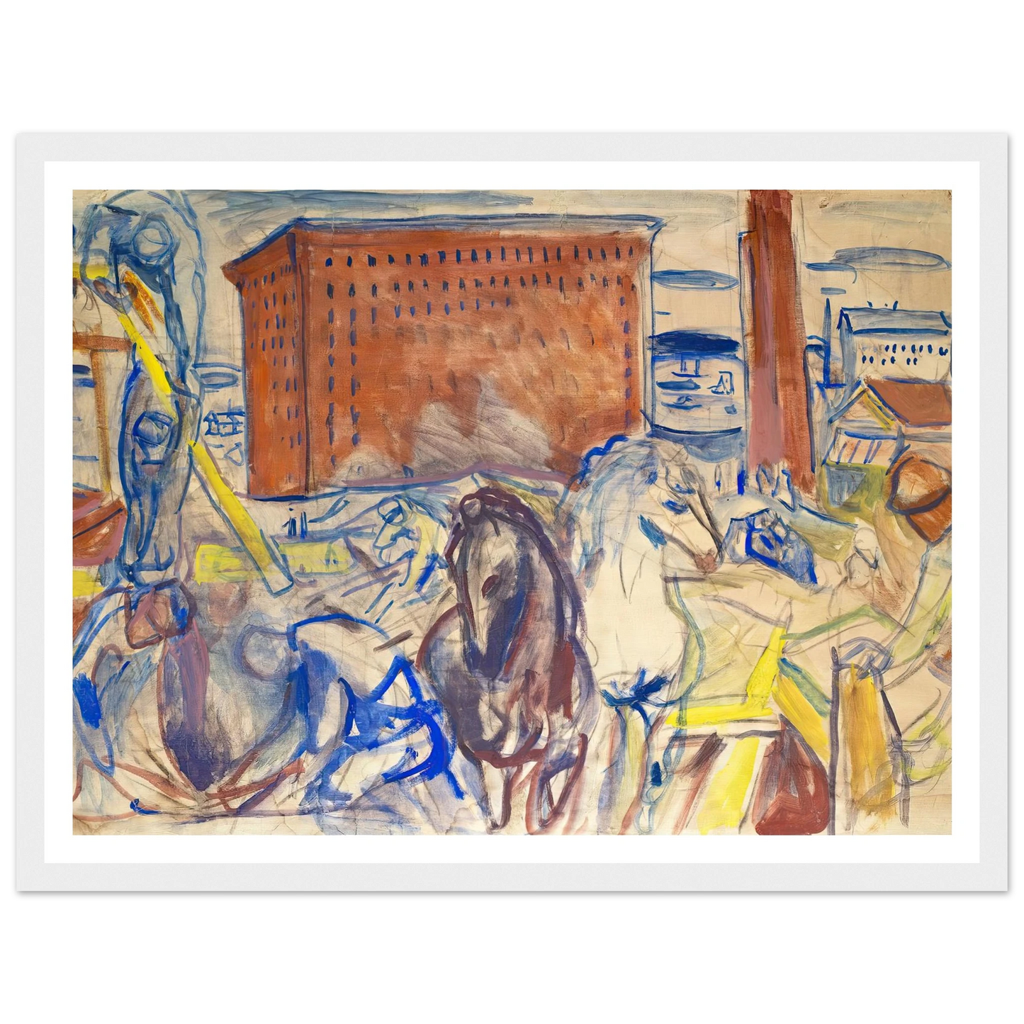 Horse Team on a Building Site (1928–1929) Art Print | Edvard Munch - Framed Poster - 30x40 cm / 12x16″ - Black frame