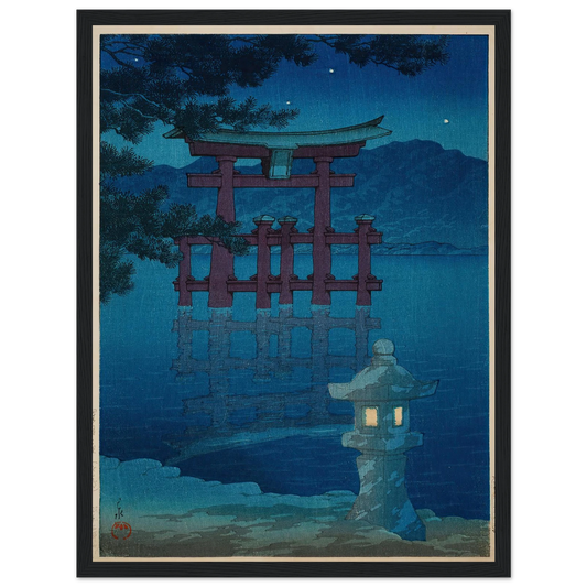 Hoshizukiyo Miyajima (Starlit Night at Miyajima) (1928) Art Print | Kawase Hasui - Framed Poster - 30x40 cm / 12x16″ - Black frame