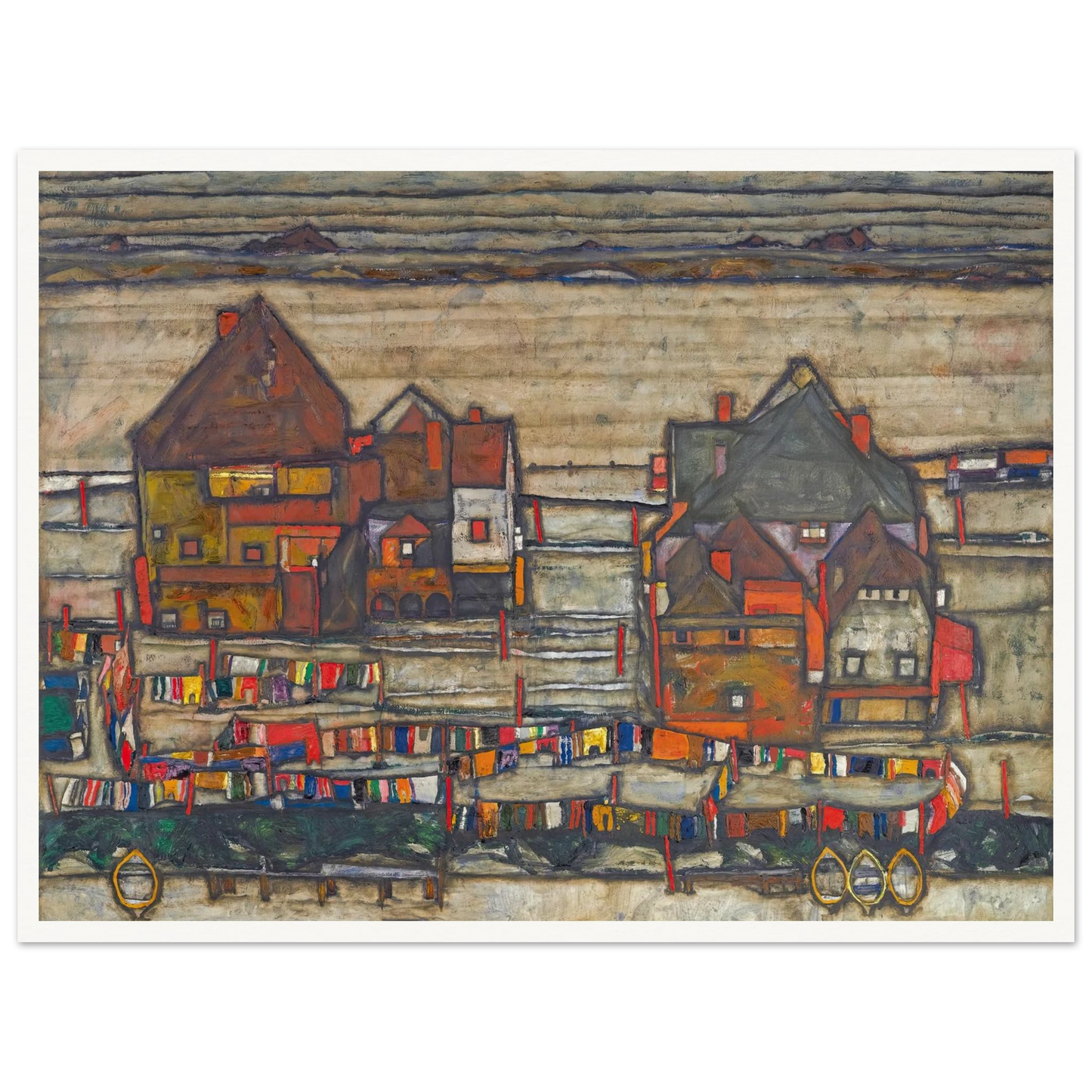 Houses With Laundry (Suburb II) (1914) Art Print | Egon Schiele - Framed Poster - 30x40 cm / 12x16″ - Black frame