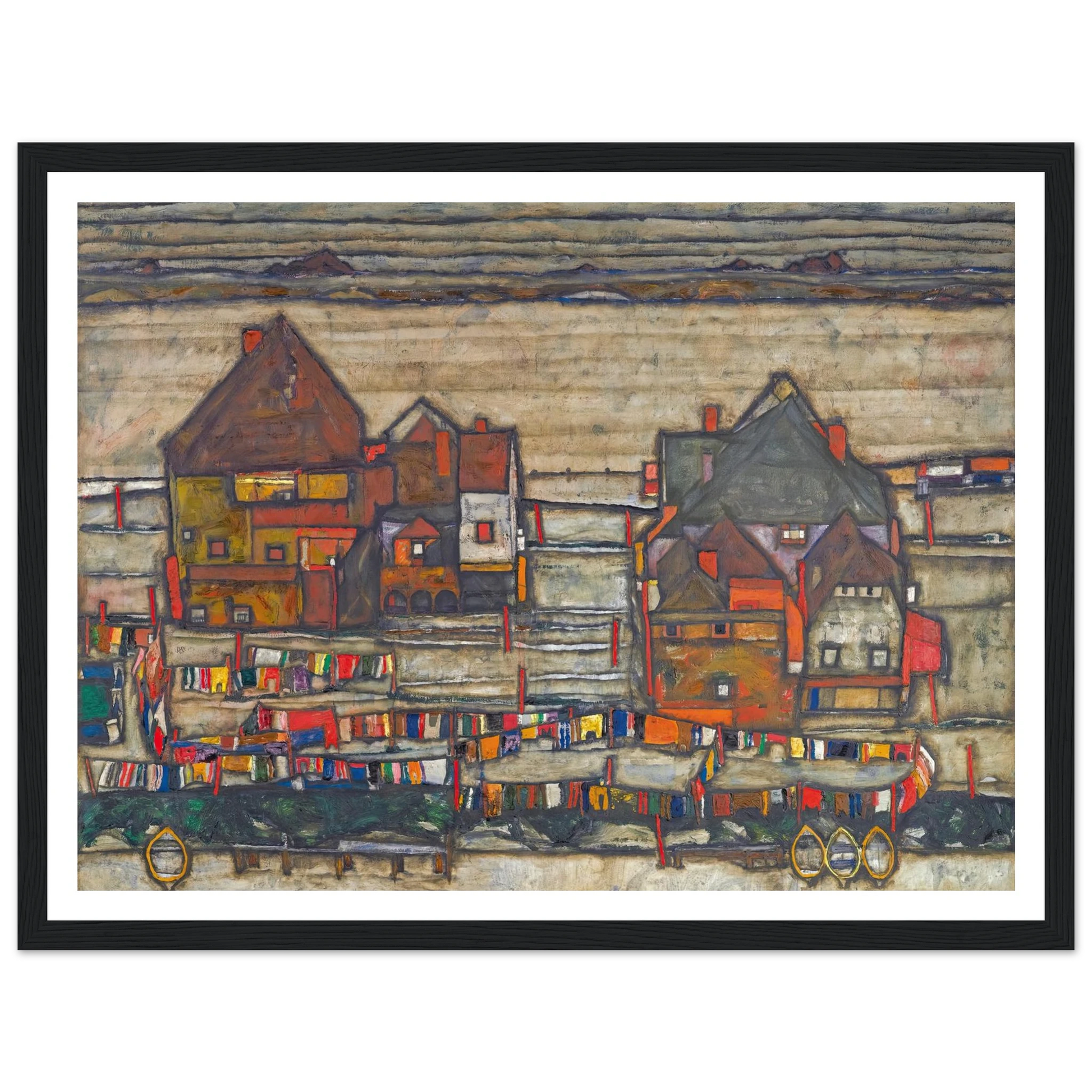 Houses With Laundry (Suburb II) (1914) Art Print | Egon Schiele - Framed Poster - 30x40 cm / 12x16″ - Black frame