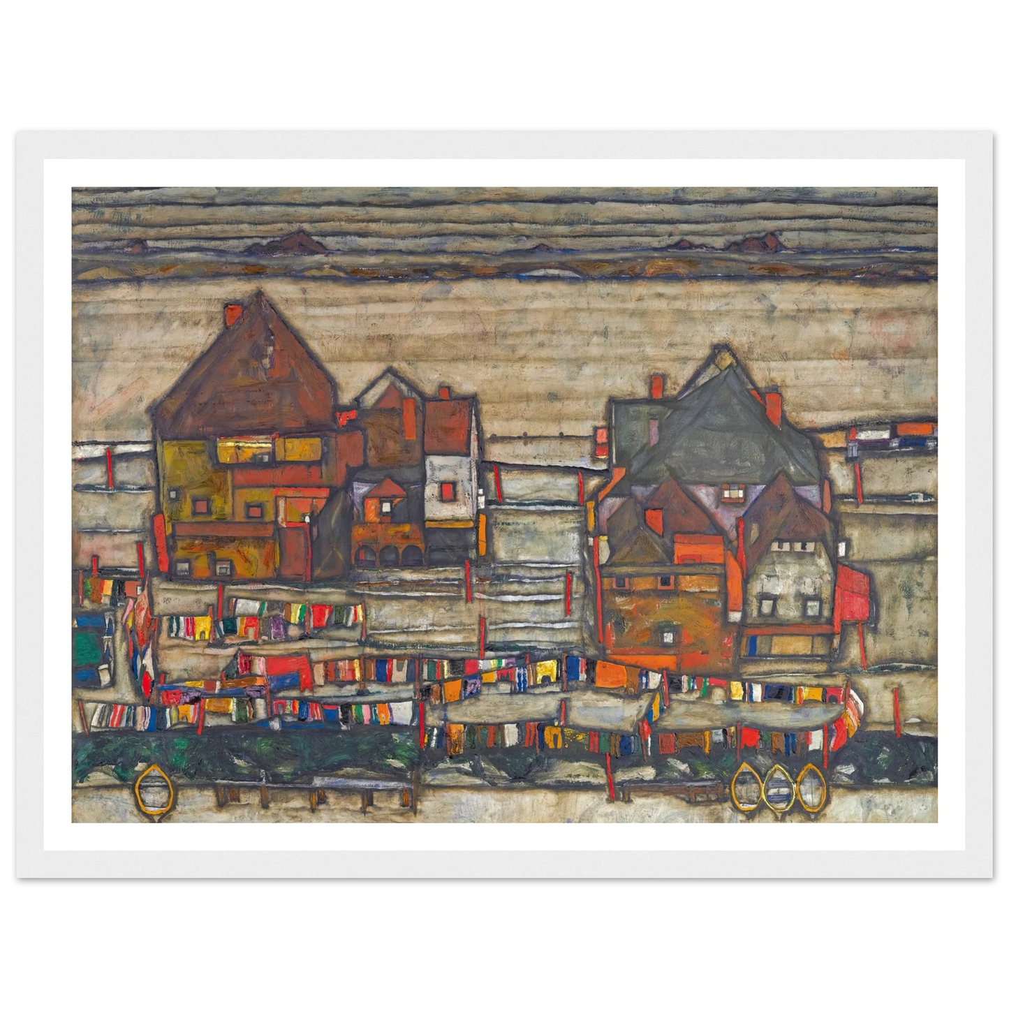 Houses With Laundry (Suburb II) (1914) Art Print | Egon Schiele - Framed Poster - 30x40 cm / 12x16″ - Black frame