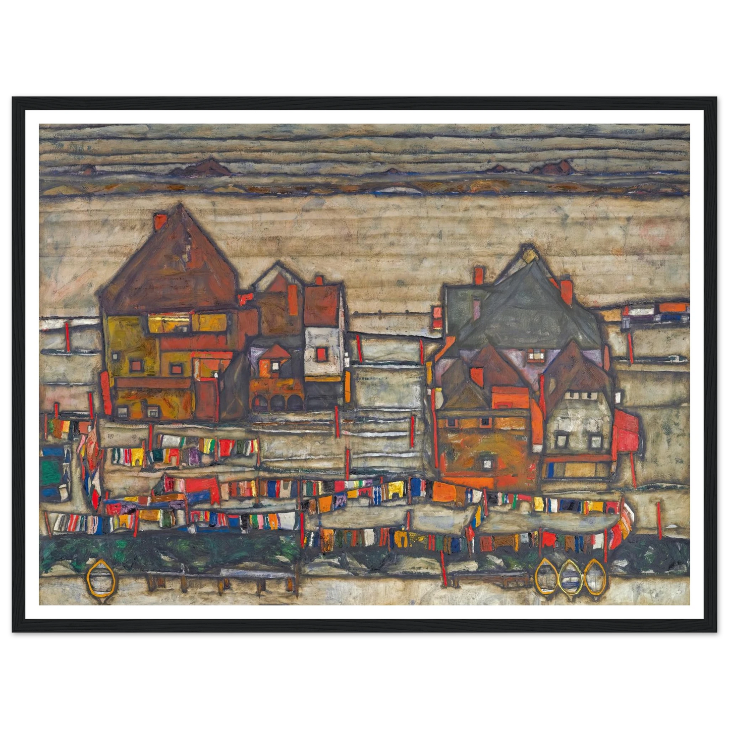 Houses With Laundry (Suburb II) (1914) Art Print | Egon Schiele - Framed Poster - 30x40 cm / 12x16″ - Black frame