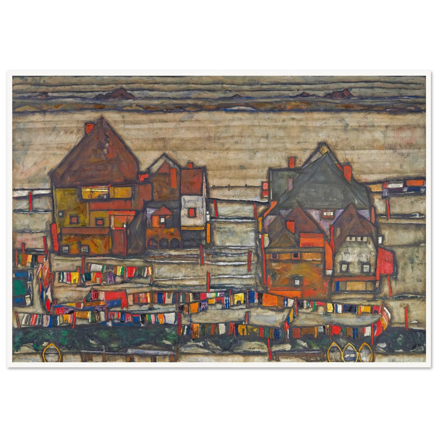 Houses With Laundry (Suburb II) (1914) Art Print | Egon Schiele - Framed Poster - 30x40 cm / 12x16″ - Black frame