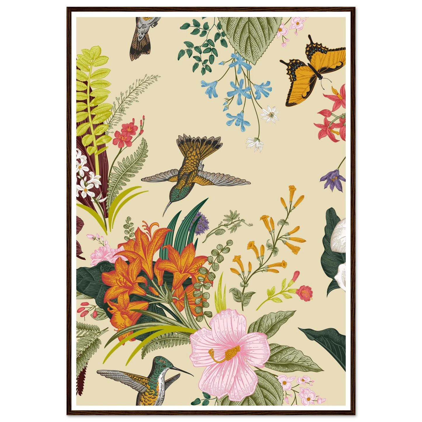 Hummingbird & Calla Bloom Art Print | William Morris Inspired - Framed Poster - 30x30 cm / 12x12″ - Black frame