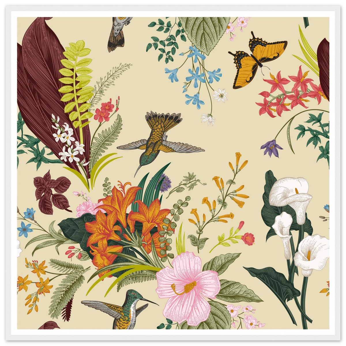 Hummingbird & Calla Bloom Art Print | William Morris Inspired - Framed Poster - 30x30 cm / 12x12″ - Black frame