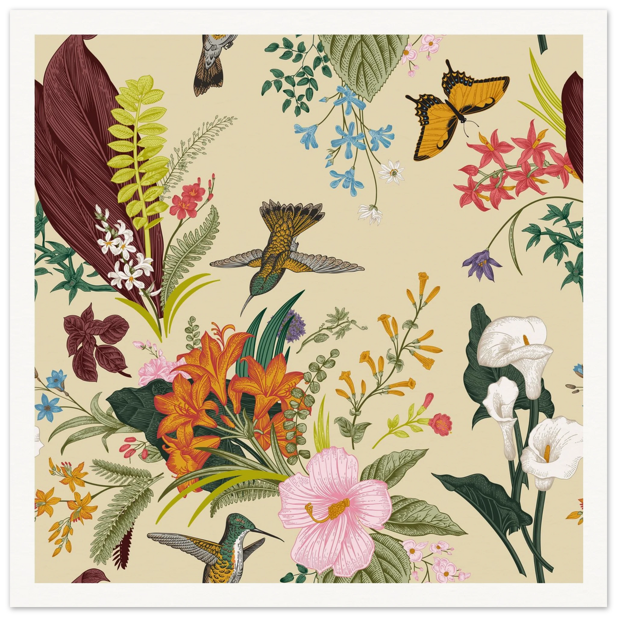 Hummingbird & Calla Bloom Art Print | William Morris Inspired - Framed Poster - 30x30 cm / 12x12″ - Black frame