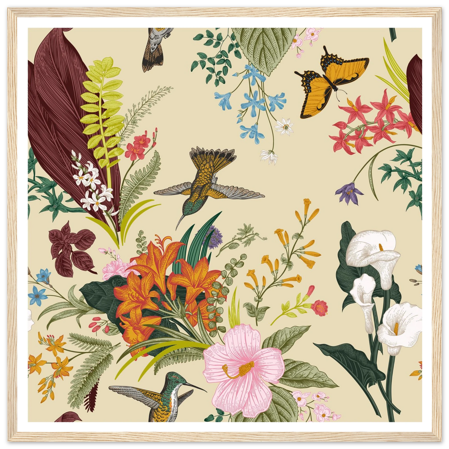 Hummingbird & Calla Bloom Art Print | William Morris Inspired - Framed Poster - 30x30 cm / 12x12″ - Black frame