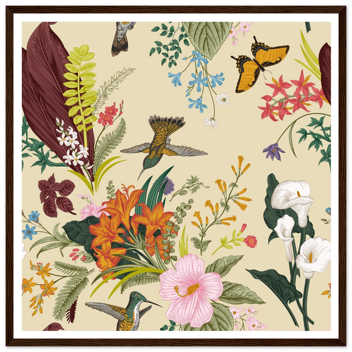 Hummingbird & Calla Bloom Art Print | William Morris Inspired - Framed Poster - 30x30 cm / 12x12″ - Black frame