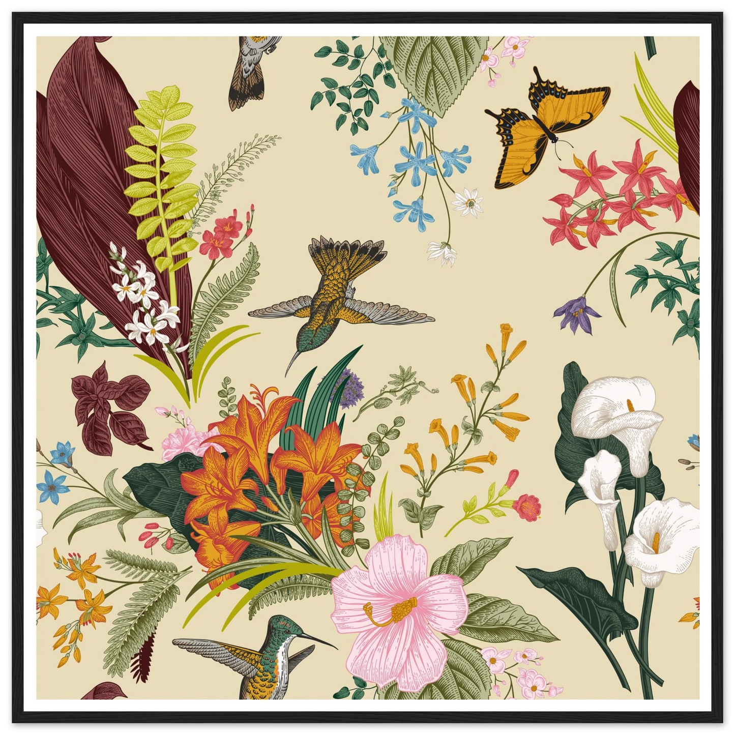 Hummingbird & Calla Bloom Art Print | William Morris Inspired - Framed Poster - 30x30 cm / 12x12″ - Black frame