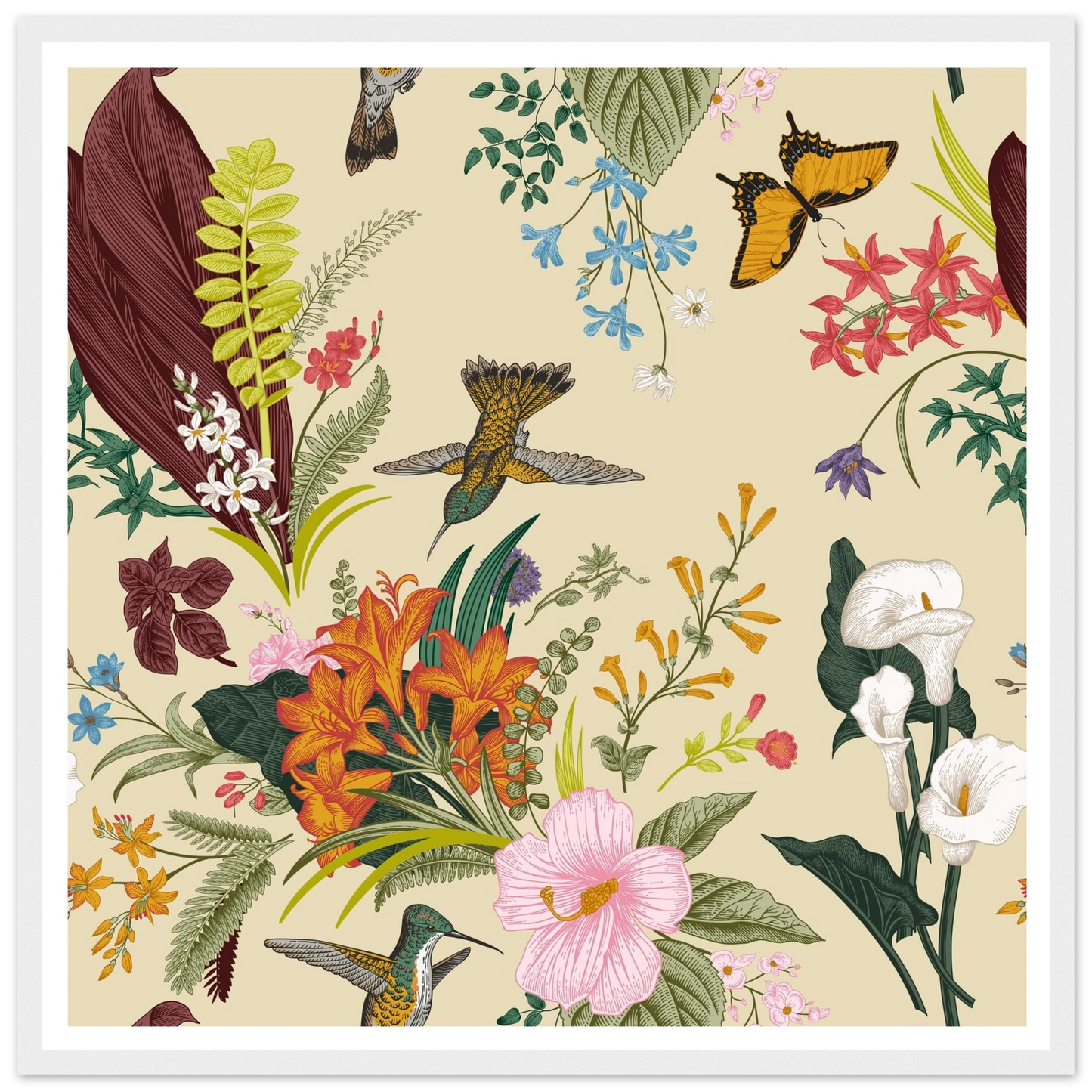 Hummingbird & Calla Bloom Art Print | William Morris Inspired - Framed Poster - 30x30 cm / 12x12″ - Black frame
