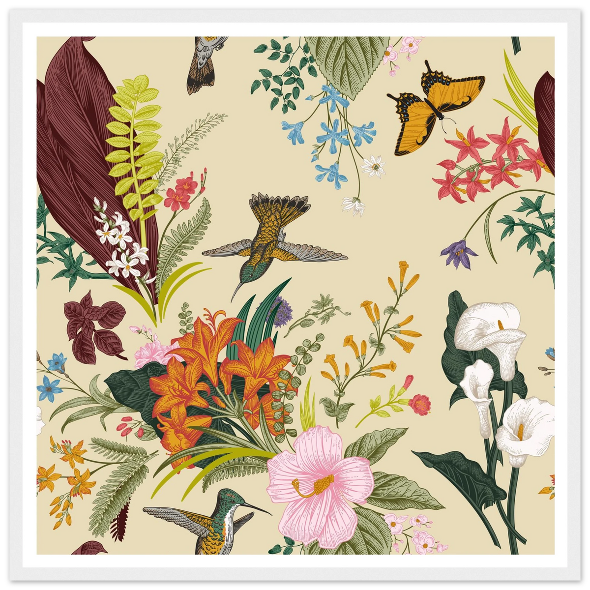 Hummingbird & Calla Bloom Art Print | William Morris Inspired - Framed Poster - 30x30 cm / 12x12″ - Black frame