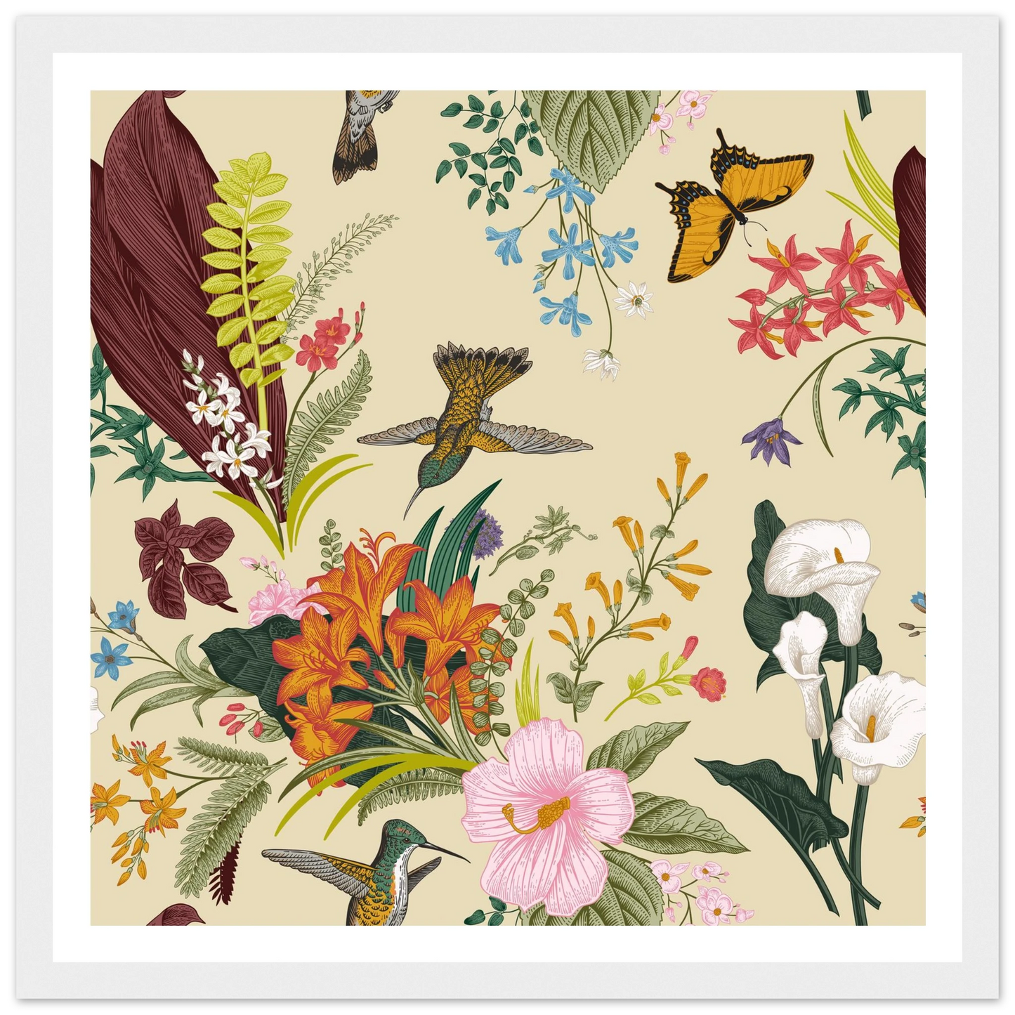 Hummingbird & Calla Bloom Art Print | William Morris Inspired - Framed Poster - 30x30 cm / 12x12″ - Black frame