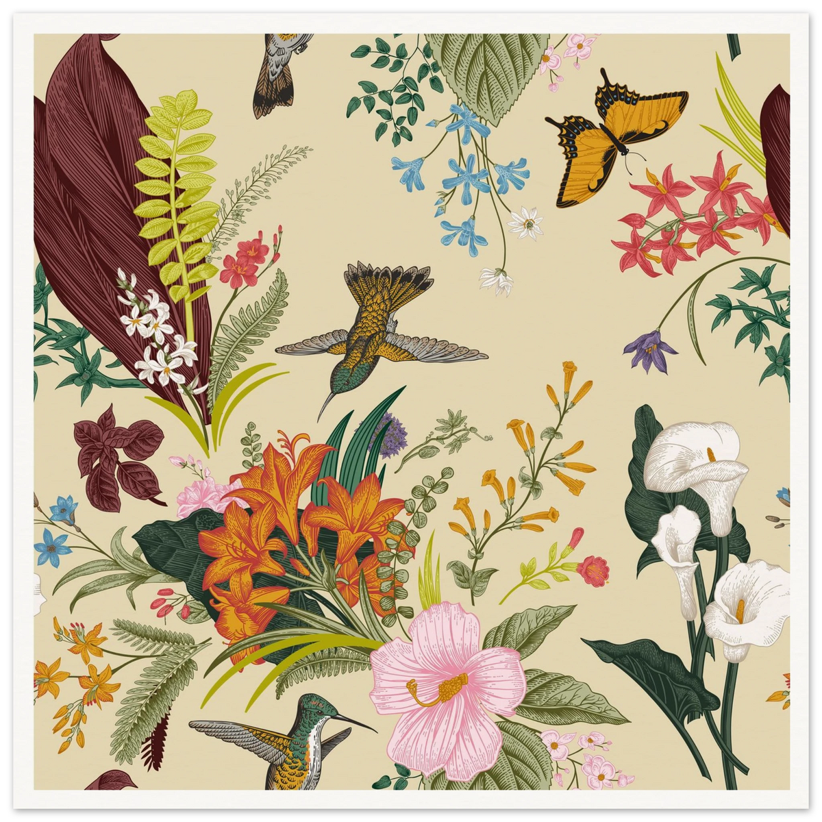 Hummingbird & Calla Bloom Art Print | William Morris Inspired - Framed Poster - 30x30 cm / 12x12″ - Black frame
