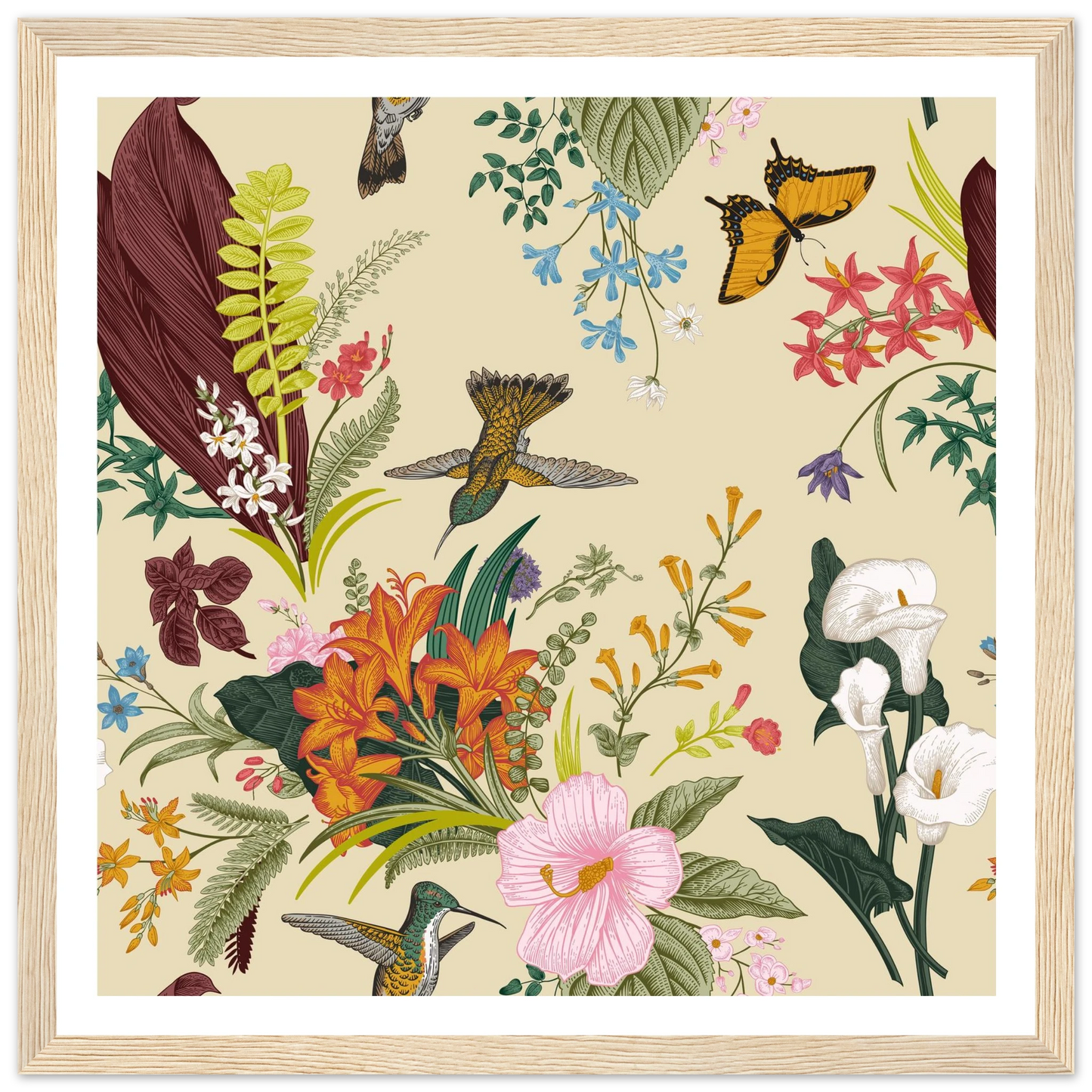 Hummingbird & Calla Bloom Art Print | William Morris Inspired - Framed Poster - 30x30 cm / 12x12″ - Black frame