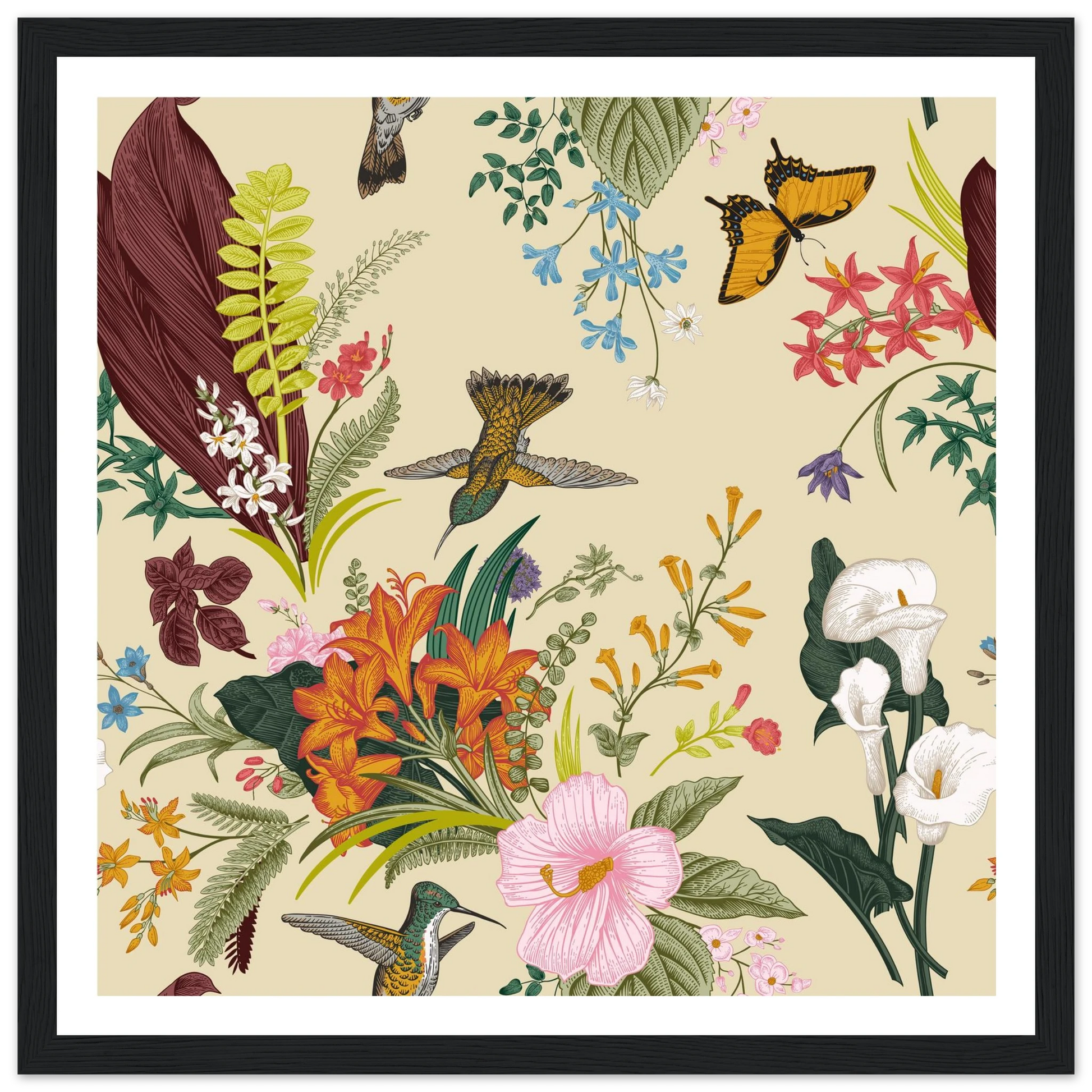 Hummingbird & Calla Bloom Art Print | William Morris Inspired - Framed Poster - 30x30 cm / 12x12″ - Black frame