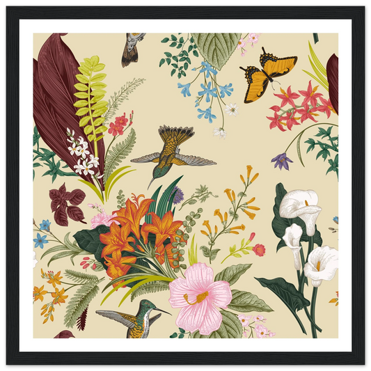Hummingbird & Calla Bloom Art Print | William Morris Inspired - Framed Poster - 30x30 cm / 12x12″ - Black frame