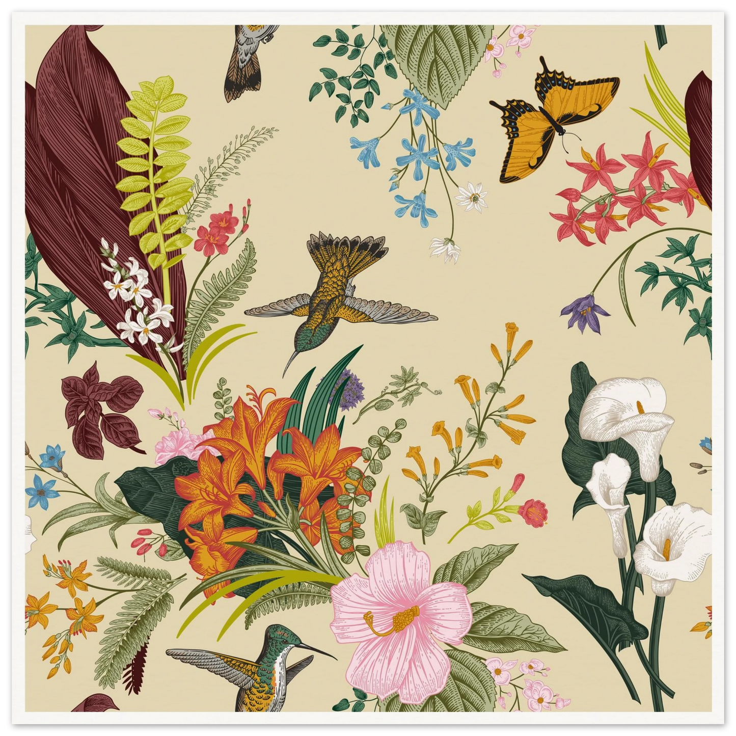 Hummingbird & Calla Bloom Art Print | William Morris Inspired - Framed Poster - 30x30 cm / 12x12″ - Black frame