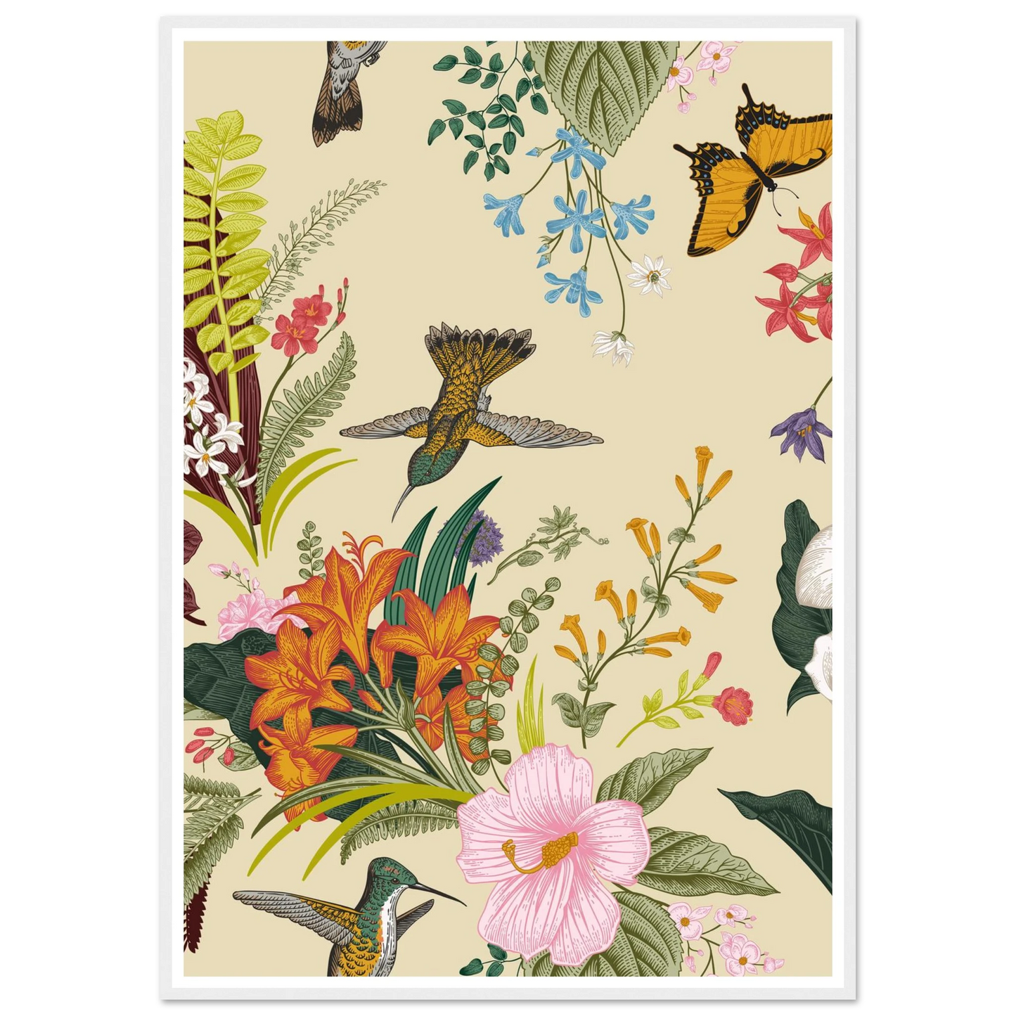 Hummingbird & Calla Bloom Art Print | William Morris Inspired - Framed Poster - 30x30 cm / 12x12″ - Black frame