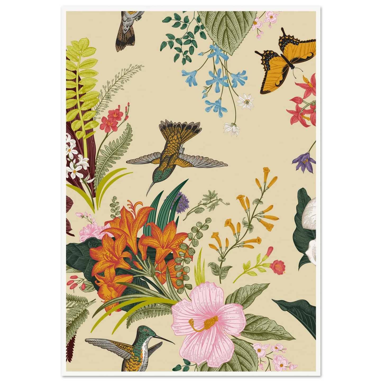 Hummingbird & Calla Bloom Art Print | William Morris Inspired - Framed Poster - 30x30 cm / 12x12″ - Black frame