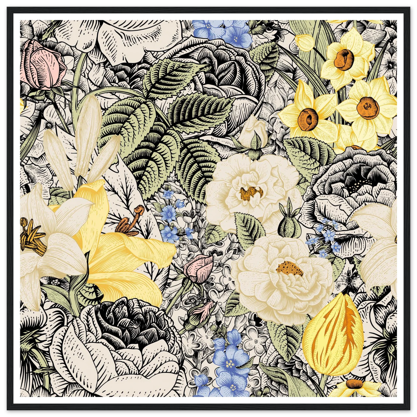 Ink Bloom Layered Art Print | William Morris Inspired - Framed Poster - 30x30 cm / 12x12″ - Black frame