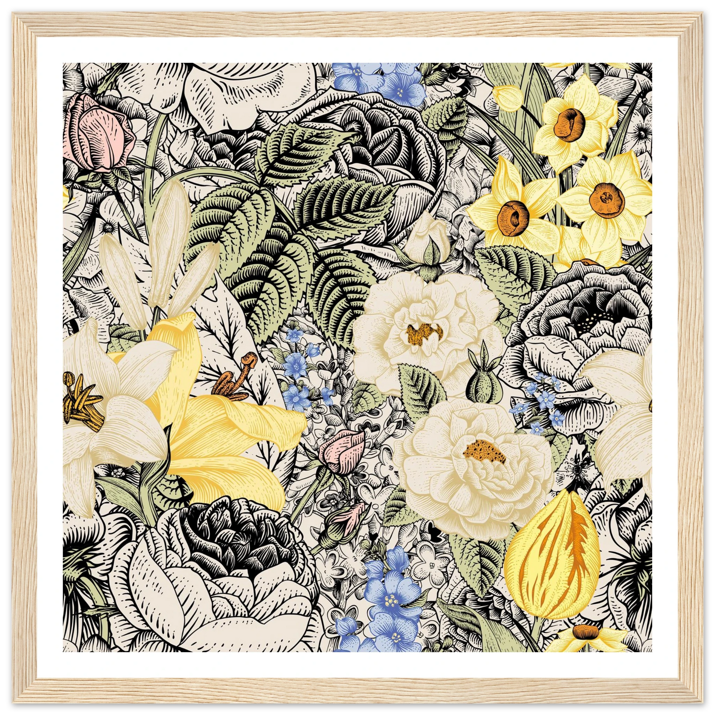 Ink Bloom Layered Art Print | William Morris Inspired - Framed Poster - 30x30 cm / 12x12″ - Black frame