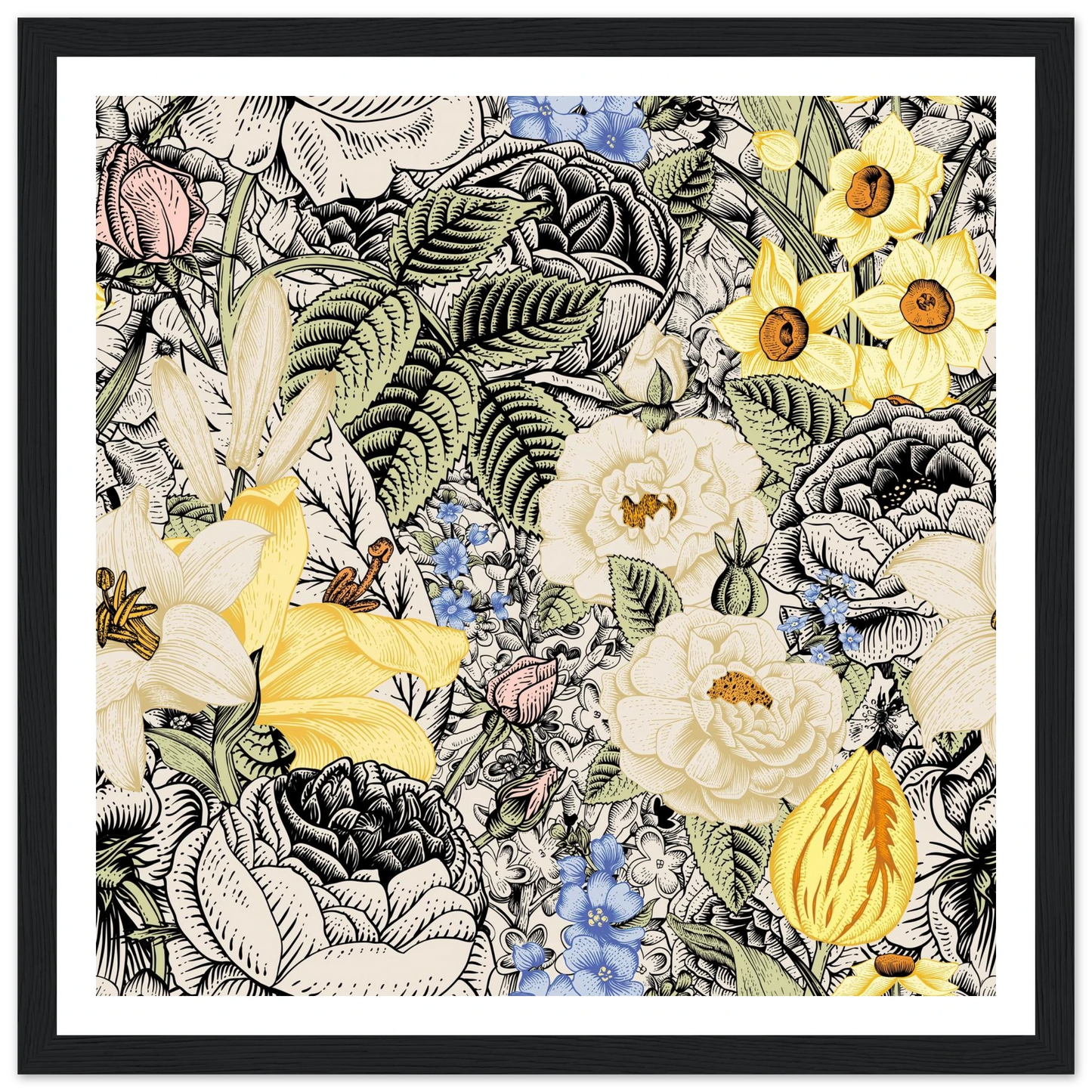 Ink Bloom Layered Art Print | William Morris Inspired - Framed Poster - 30x30 cm / 12x12″ - Black frame