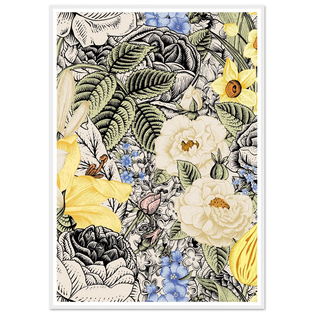 Ink Bloom Layered Art Print | William Morris Inspired - Framed Poster - 30x30 cm / 12x12″ - Black frame