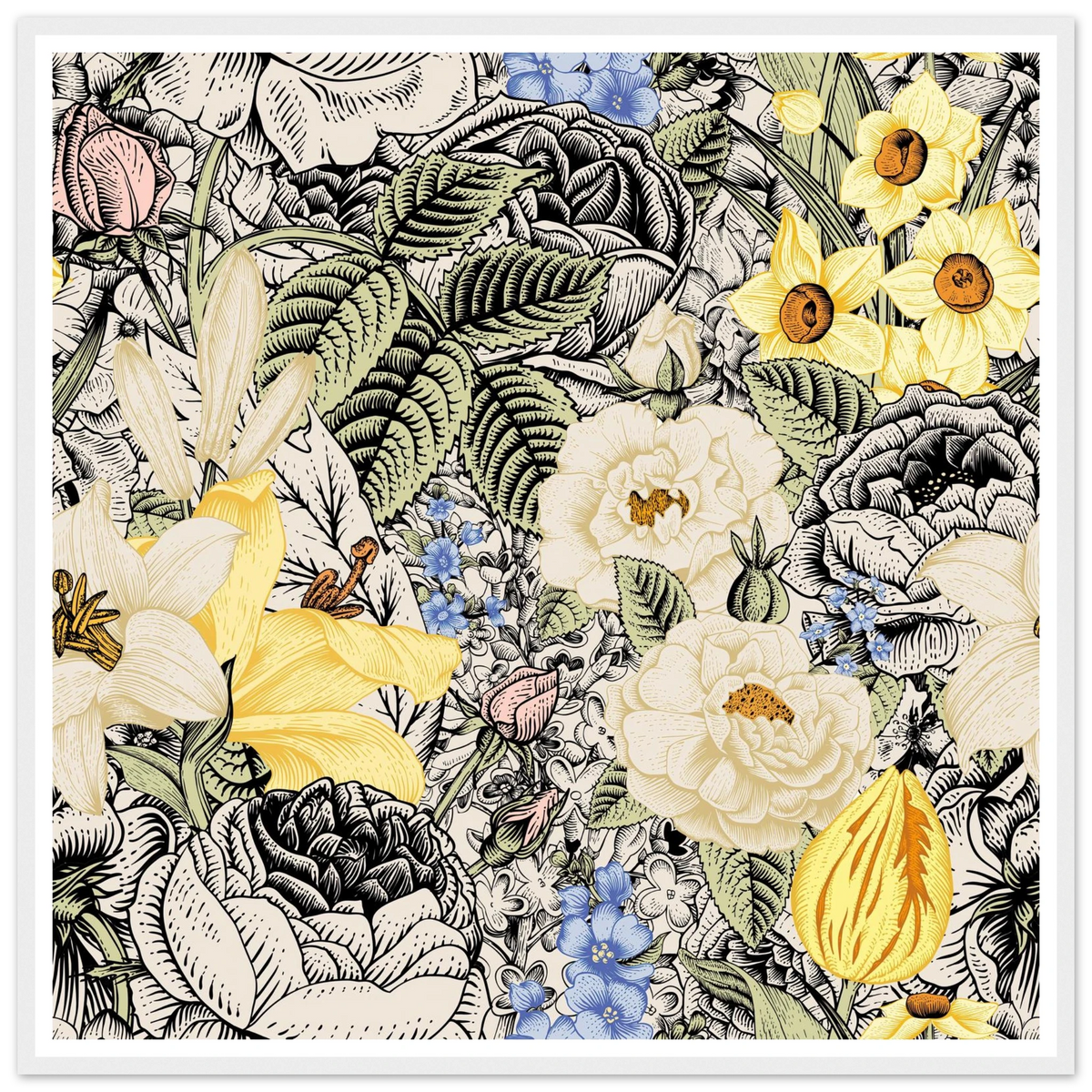 Ink Bloom Layered Art Print | William Morris Inspired - Framed Poster - 30x30 cm / 12x12″ - Black frame