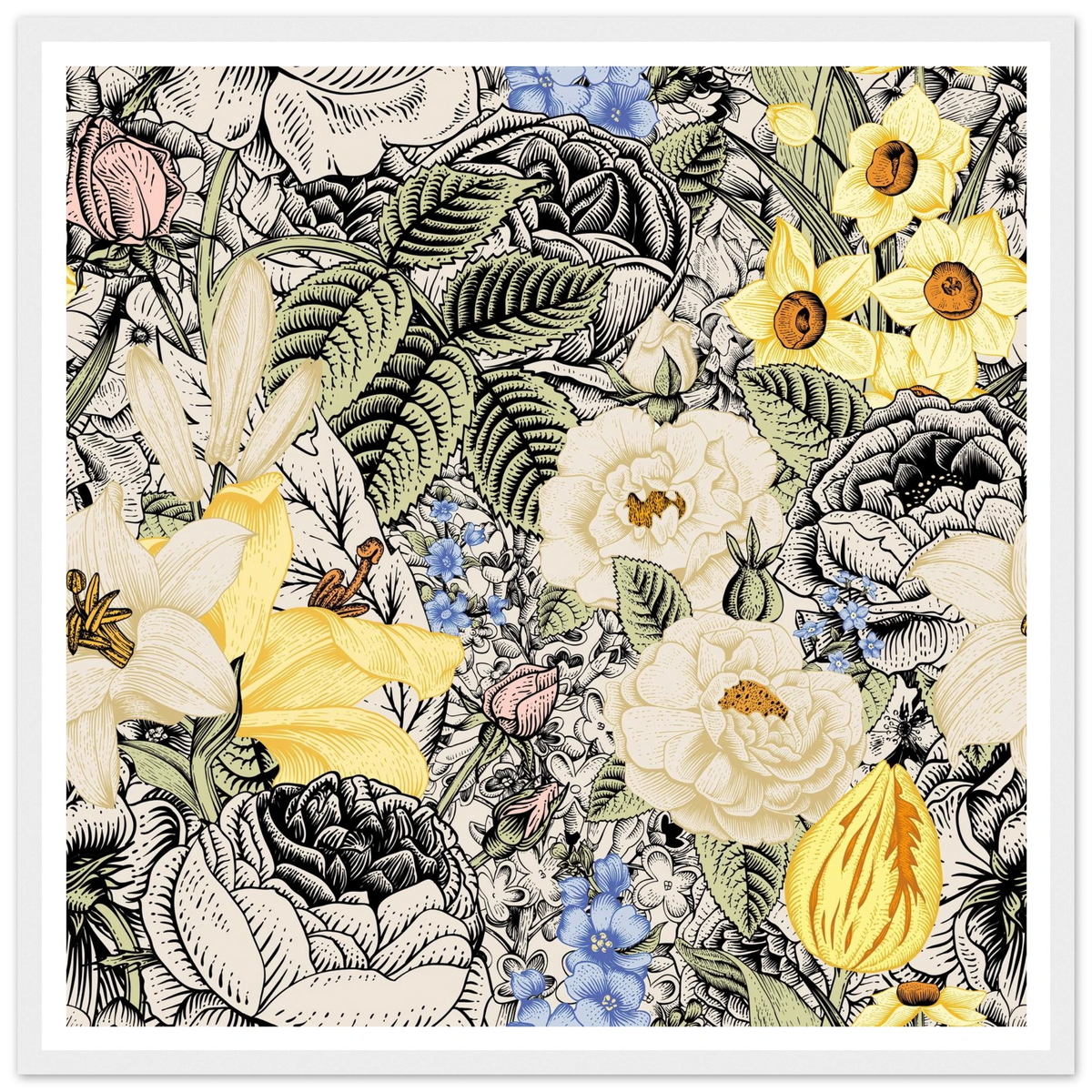 Ink Bloom Layered Art Print | William Morris Inspired - Framed Poster - 30x30 cm / 12x12″ - Black frame