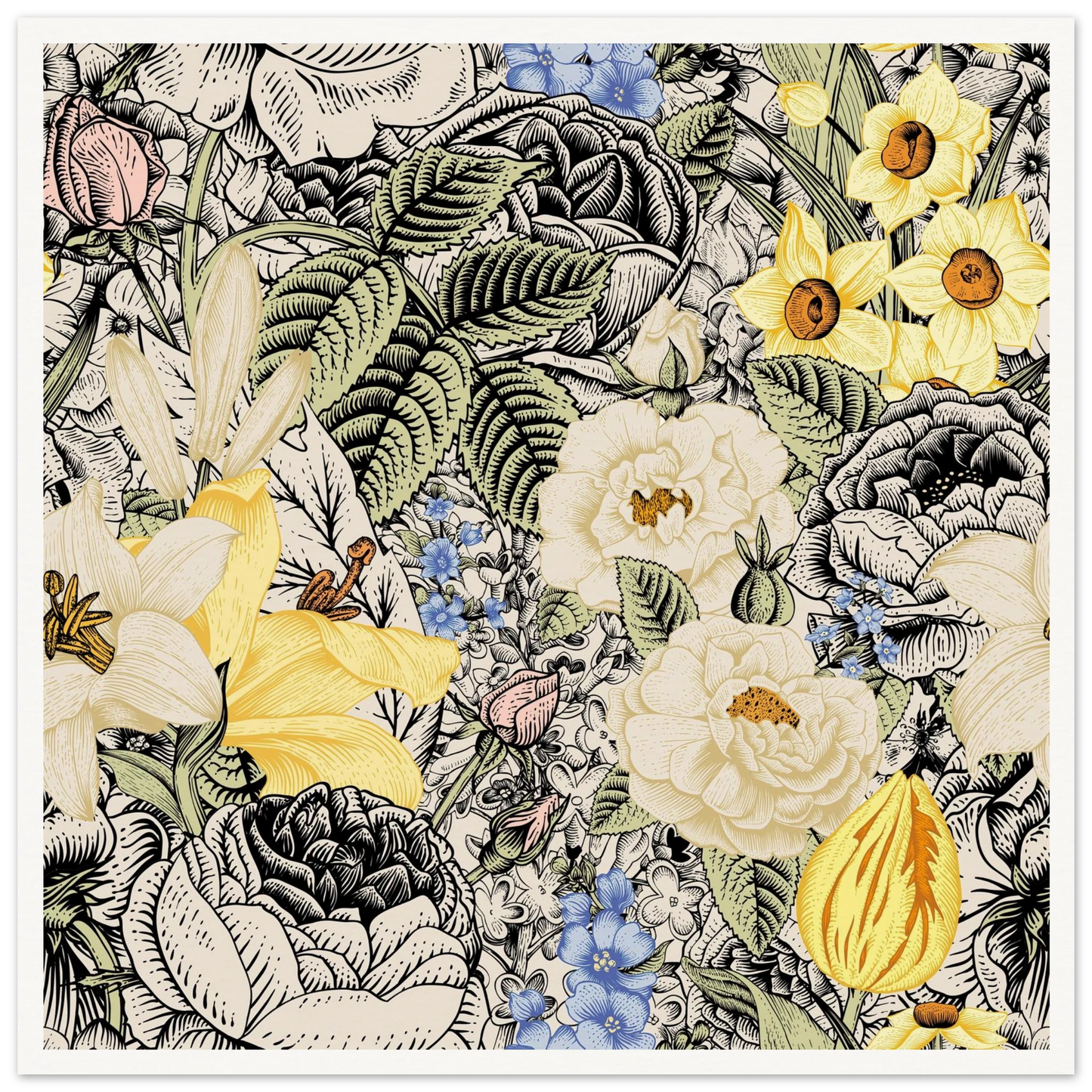 Ink Bloom Layered Art Print | William Morris Inspired - Framed Poster - 30x30 cm / 12x12″ - Black frame