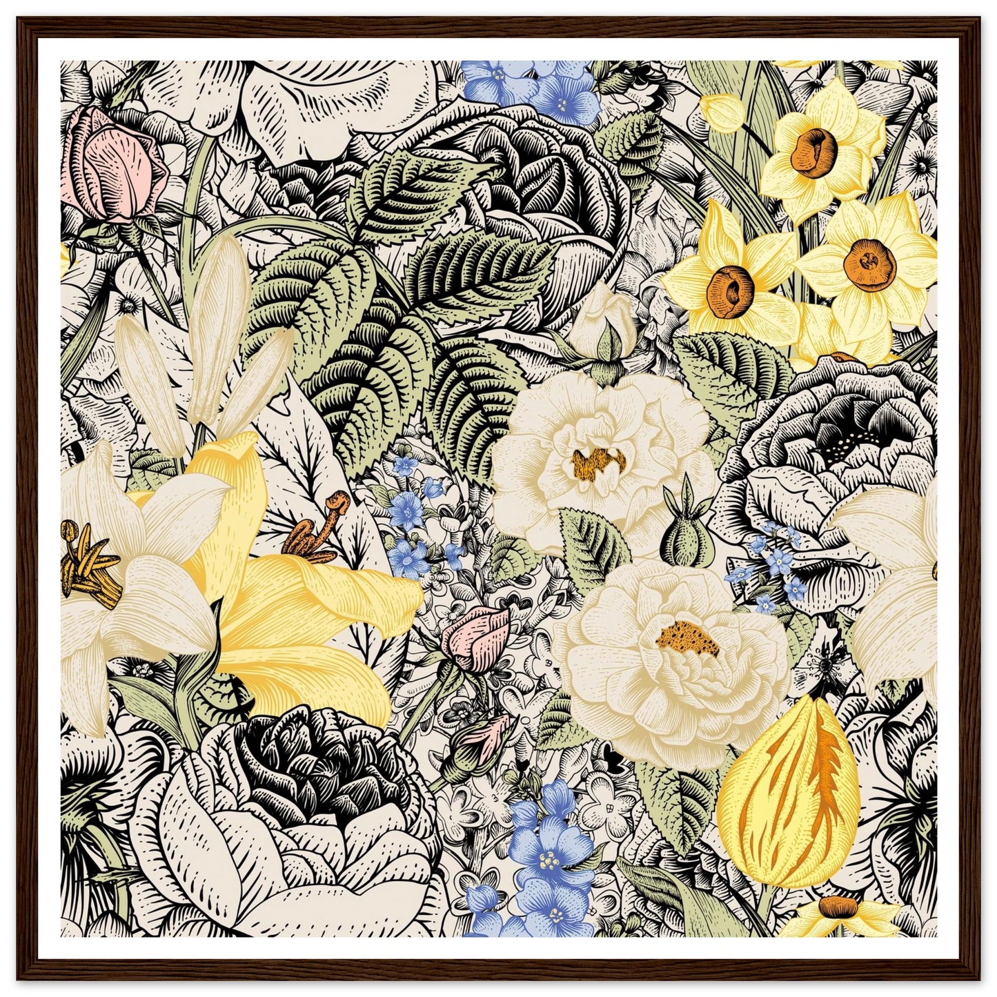 Ink Bloom Layered Art Print | William Morris Inspired - Framed Poster - 30x30 cm / 12x12″ - Black frame