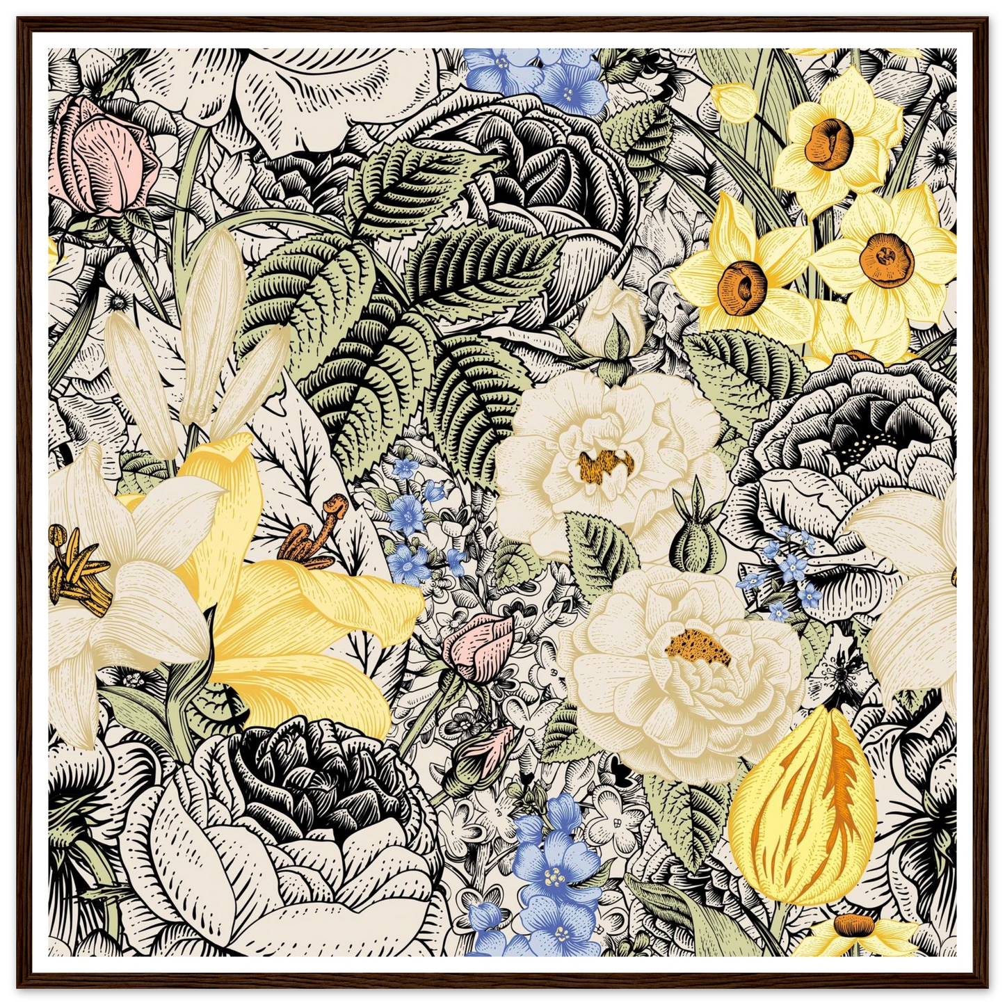 Ink Bloom Layered Art Print | William Morris Inspired - Framed Poster - 30x30 cm / 12x12″ - Black frame