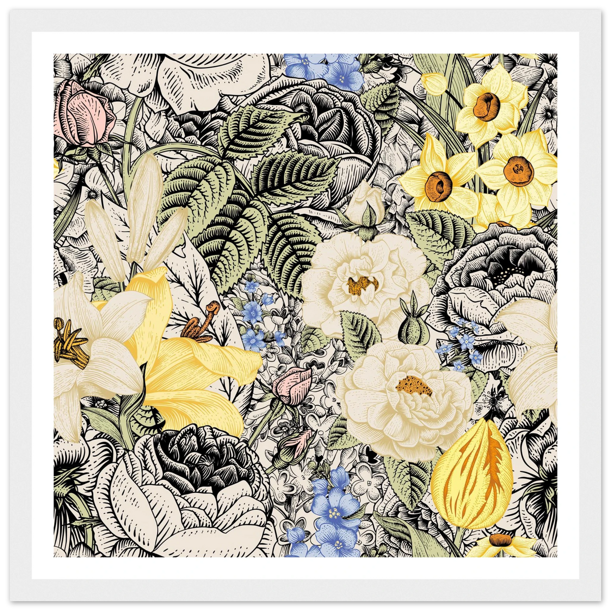Ink Bloom Layered Art Print | William Morris Inspired - Framed Poster - 30x30 cm / 12x12″ - Black frame