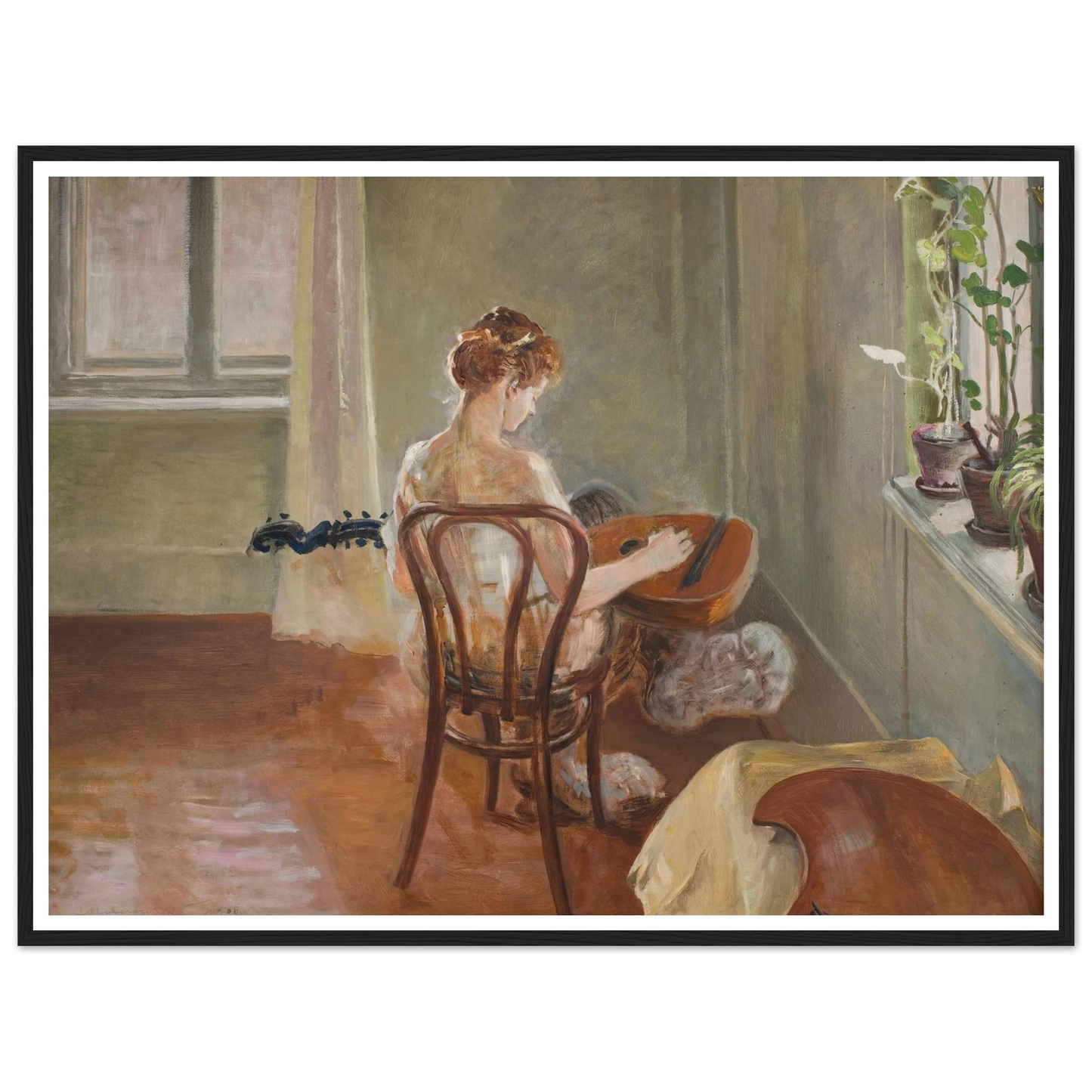 Interior with the Chimera Playing the Guitar (1908) Art Print | Jacek Malczewski - Framed Poster - 30x40 cm / 12x16″ - Black frame