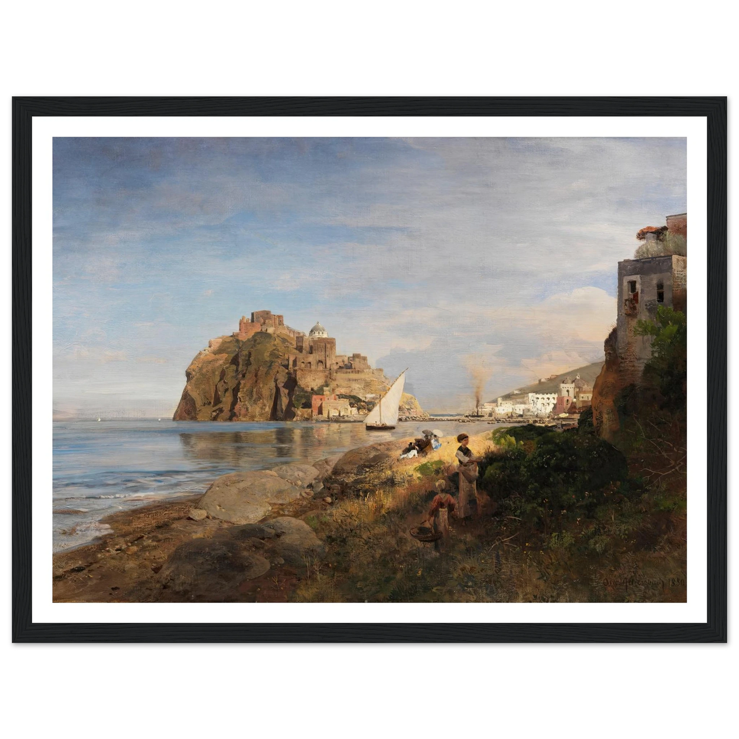 Ischia mit Blick auf das Castello Aragonese (1880) Art Print | Oswald Achenbach - Framed Poster - 30x40 cm / 12x16″ - Black frame