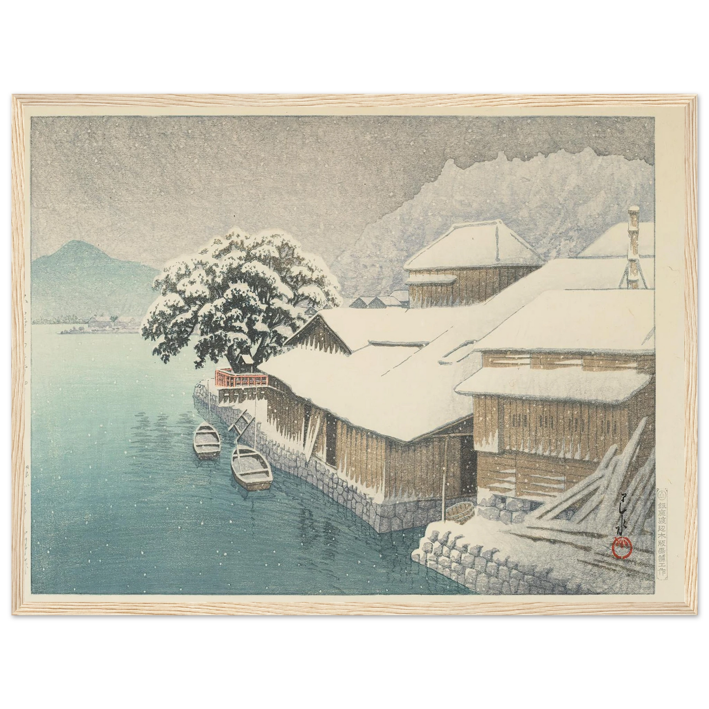 Ishinomaki no bosetsu (Evening Snow at Ishinomaki) (1935) Art Print | Kawase Hasui - Framed Poster - 30x40 cm / 12x16″ - Black frame