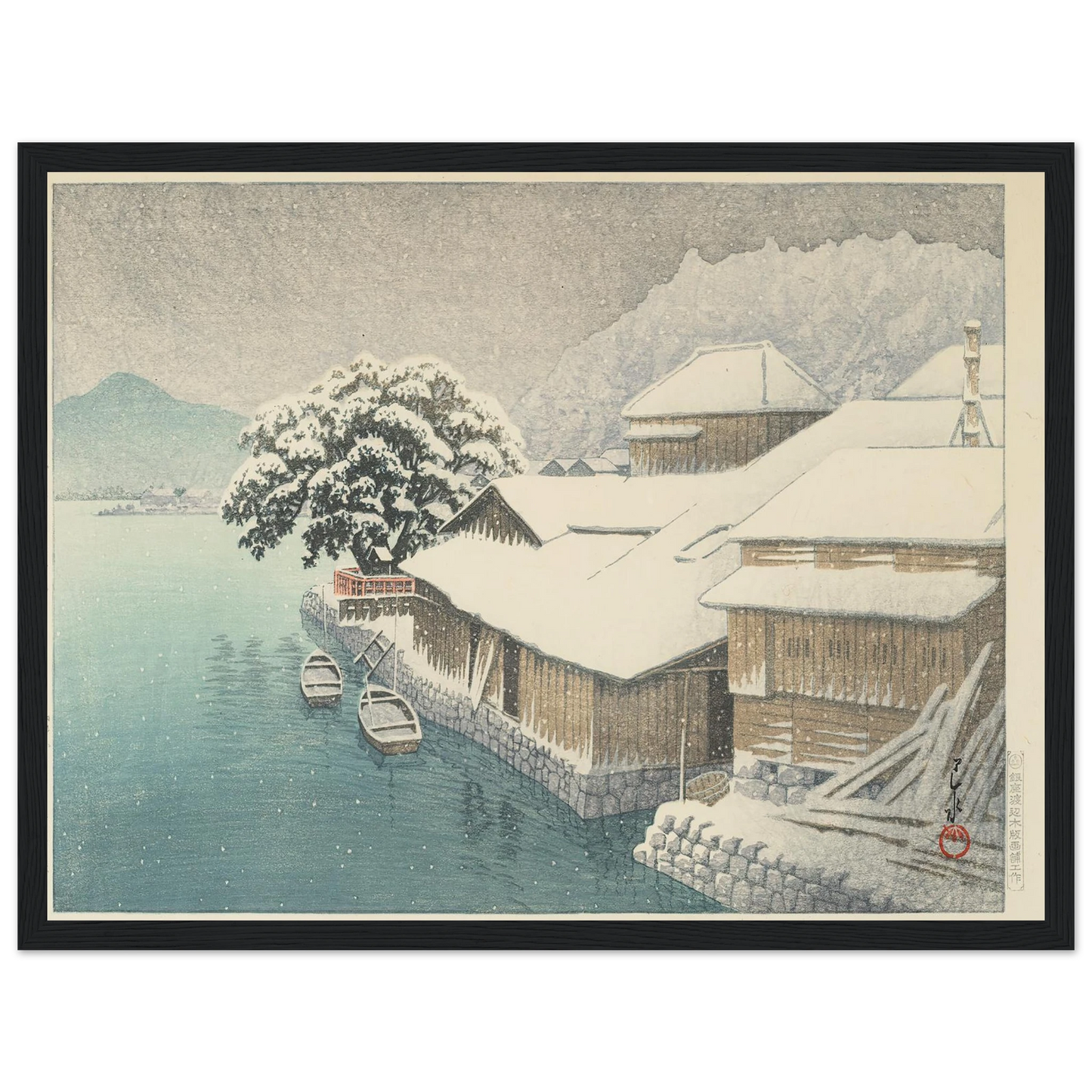 Ishinomaki no bosetsu (Evening Snow at Ishinomaki) (1935) Art Print | Kawase Hasui - Framed Poster - 30x40 cm / 12x16″ - Black frame
