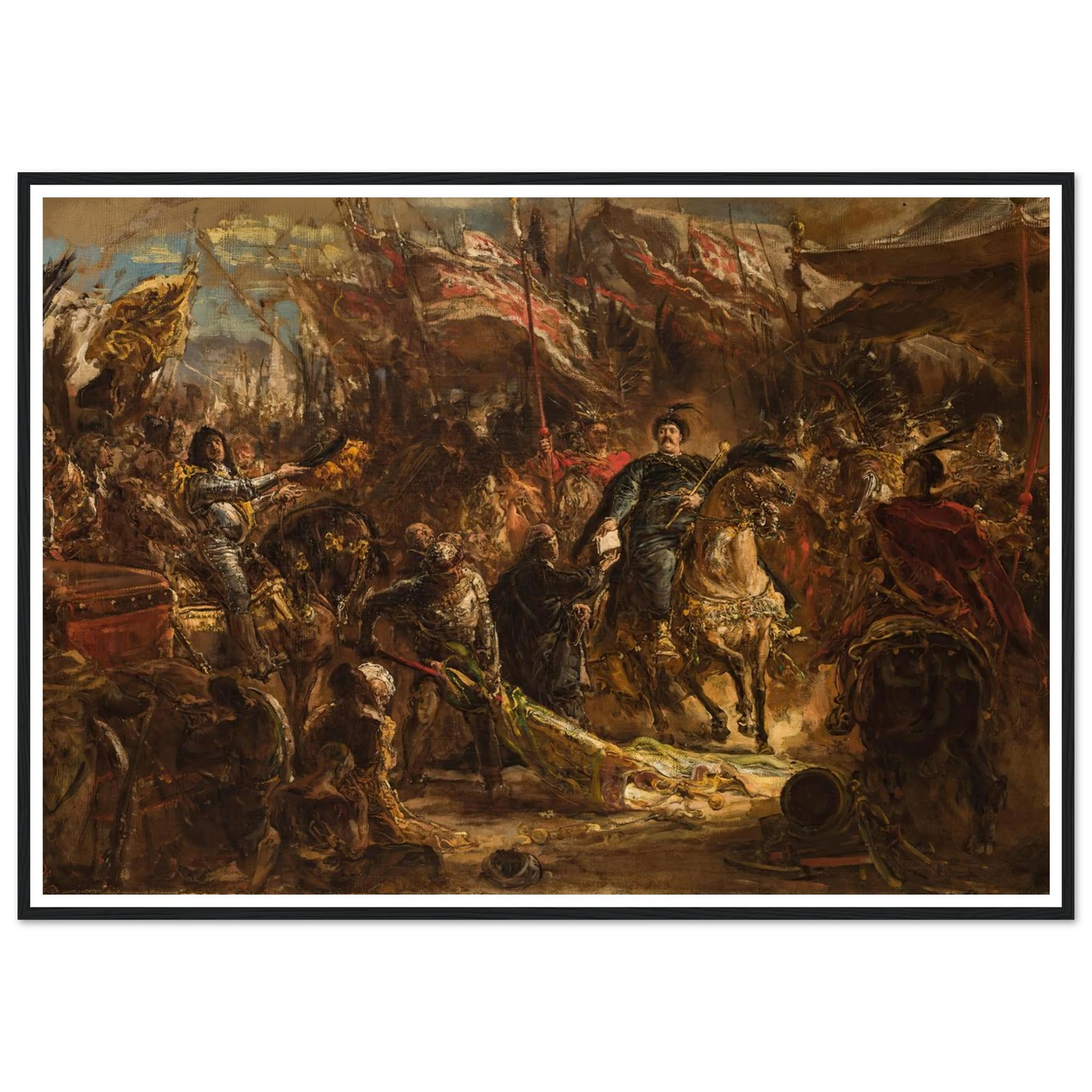 Jan III Sobieski Hands Canon Denhoff a Letter to the Pope with the Message of the Victory over the Turks at Vienna in 1683 (1880) Art Print | Jan Matejko - Framed Poster - 30x40 cm / 12x16″ - Black frame