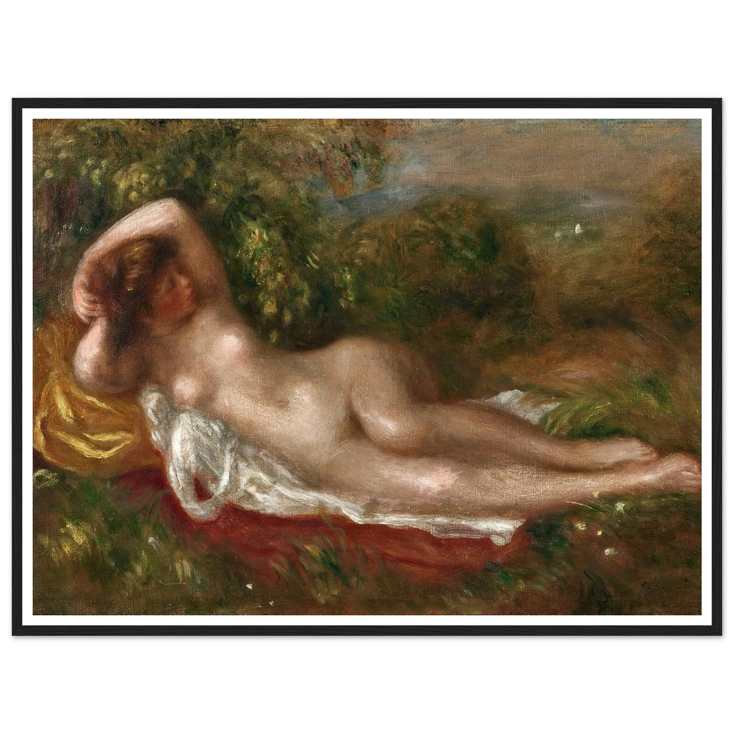 Jeune femme nue couchée dans l’herbe (circa 1900) Art Print | Pierre Auguste Renoir - Framed Poster - 30x40 cm / 12x16″ - Black frame