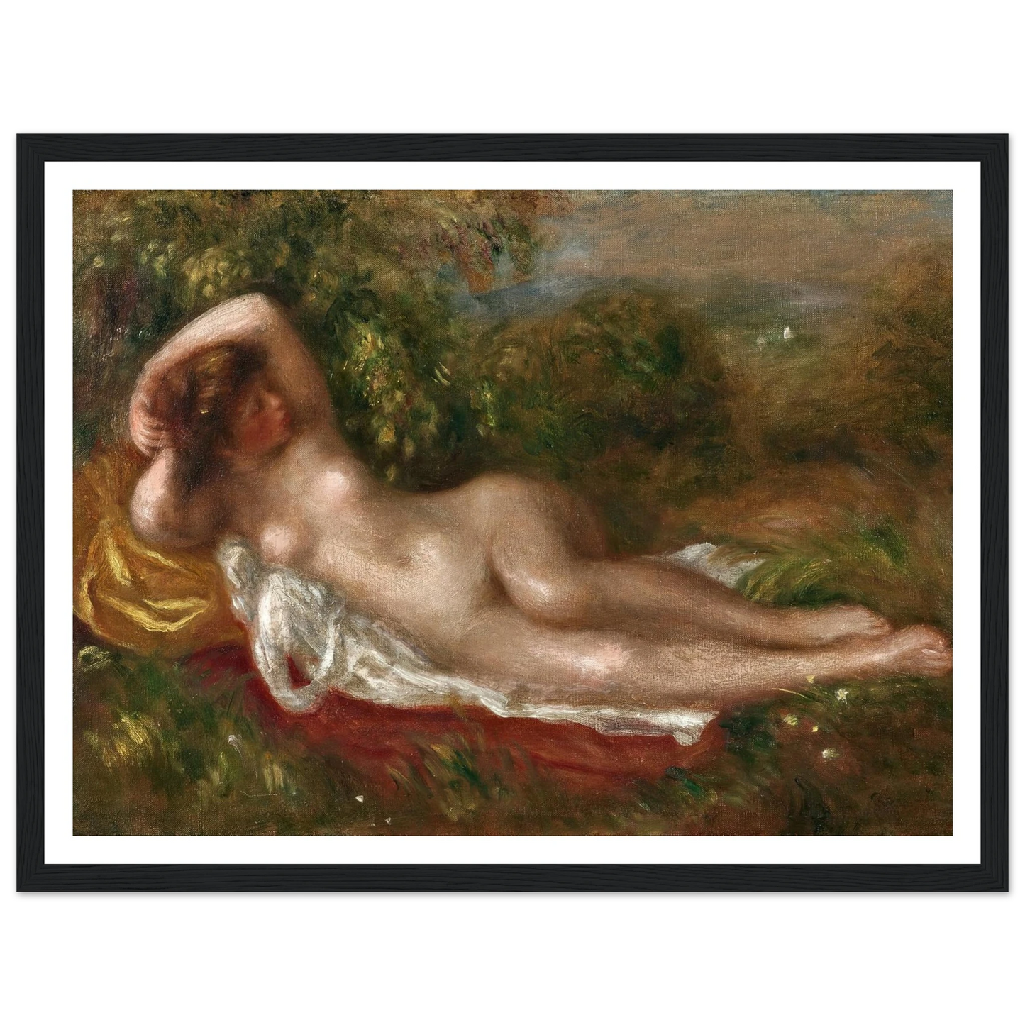 Jeune femme nue couchée dans l’herbe (circa 1900) Art Print | Pierre Auguste Renoir - Framed Poster - 30x40 cm / 12x16″ - Black frame